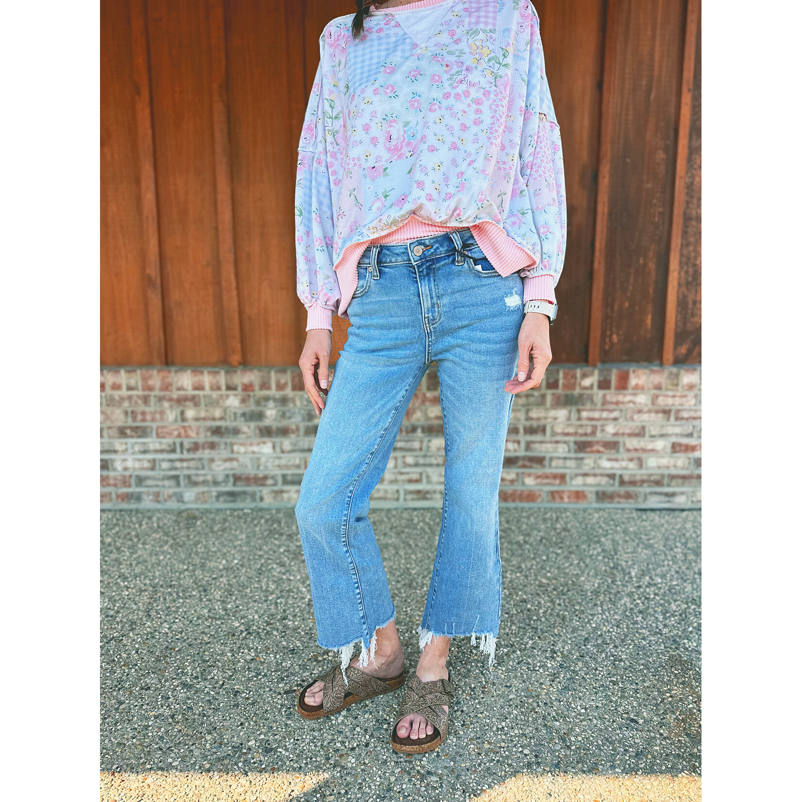 Zenana Zenana Medium Wash Kick Crop Flare Denim Pants 1646MM