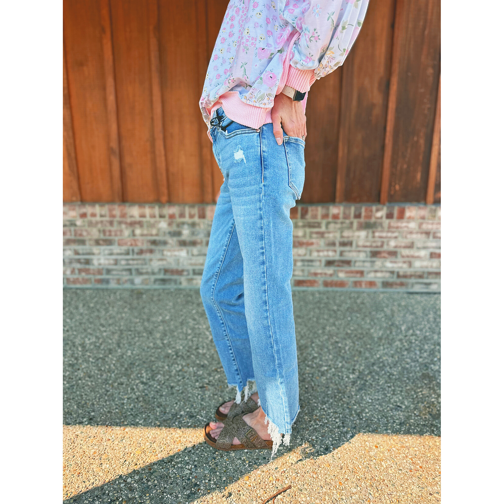 Zenana Zenana Medium Wash Kick Crop Flare Denim Pants 1646MM