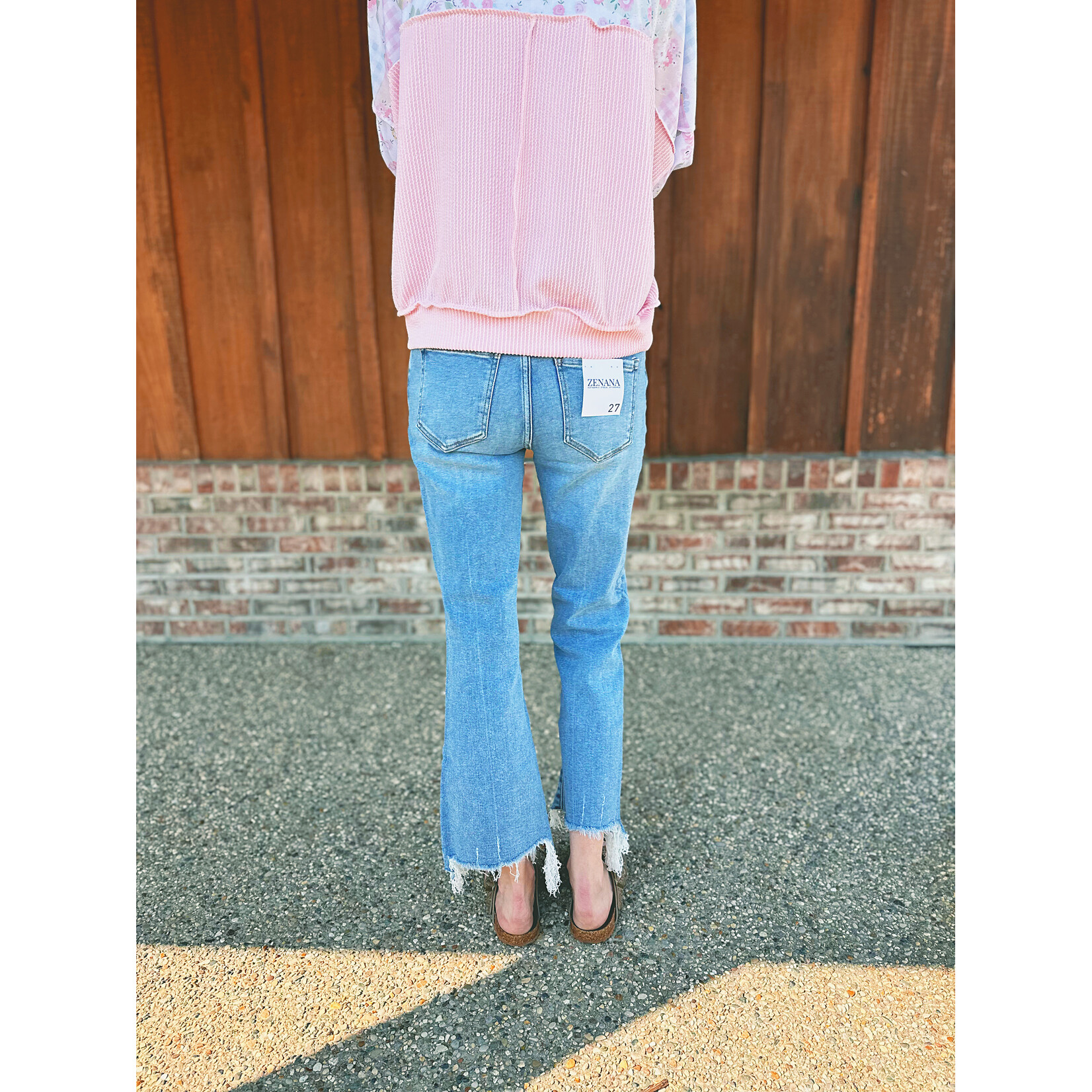 Zenana Zenana Medium Wash Kick Crop Flare Denim Pants 1646MM