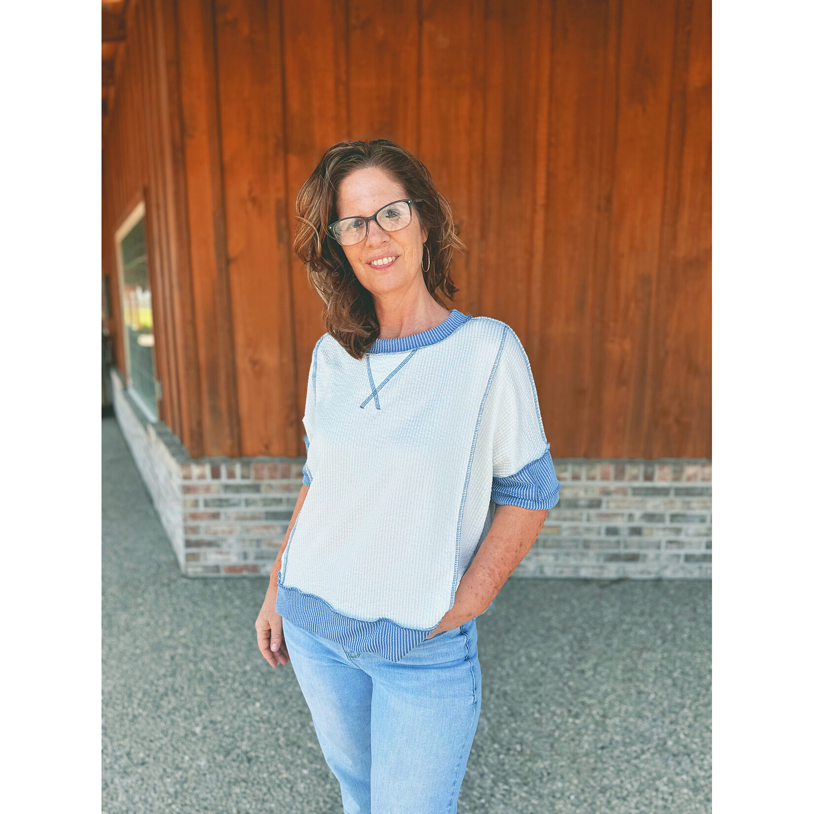 Haptics Haptics Round Neck Oversized Loose Fit Ribbed Top Ivory/Denim