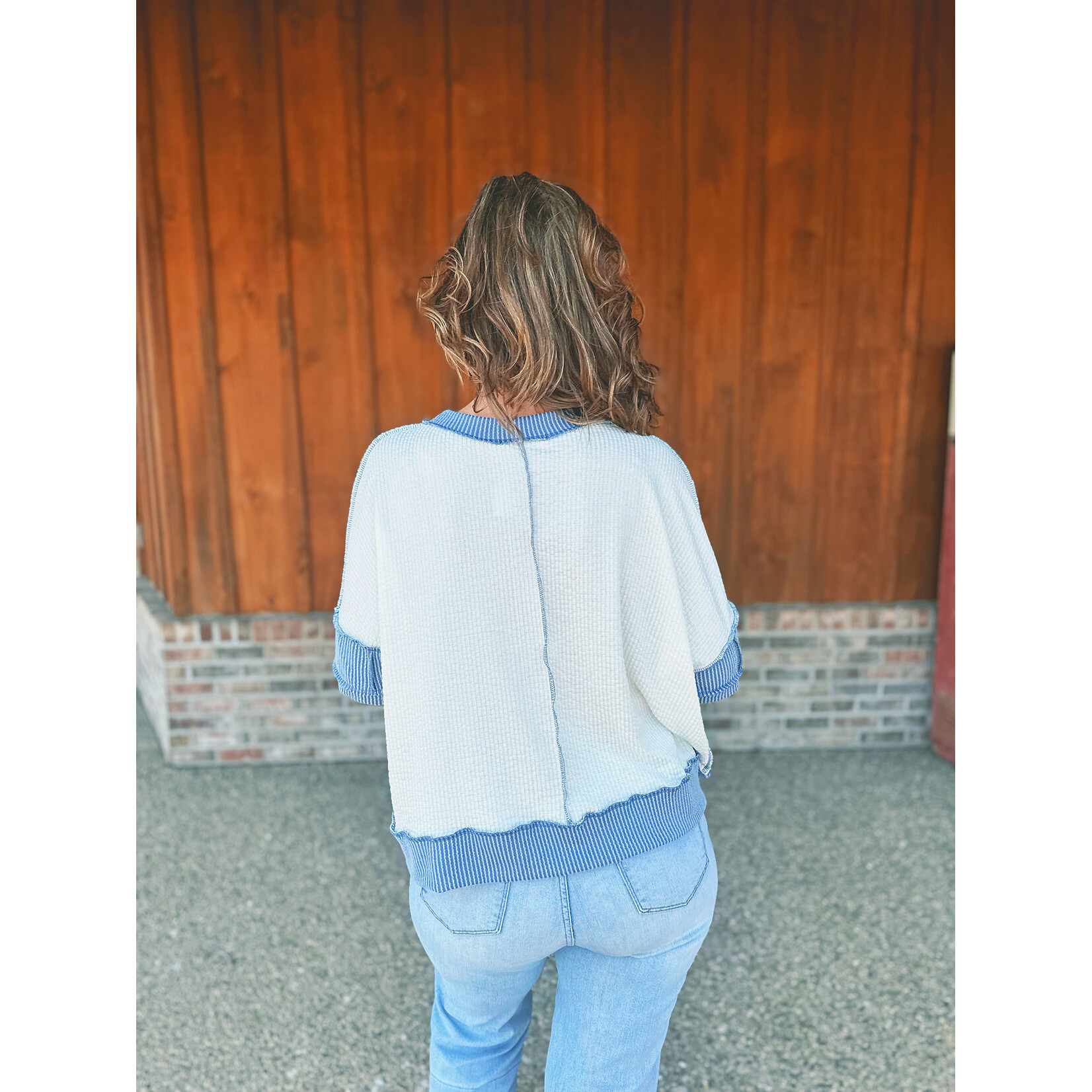 Haptics Haptics Round Neck Oversized Loose Fit Ribbed Top Ivory/Denim