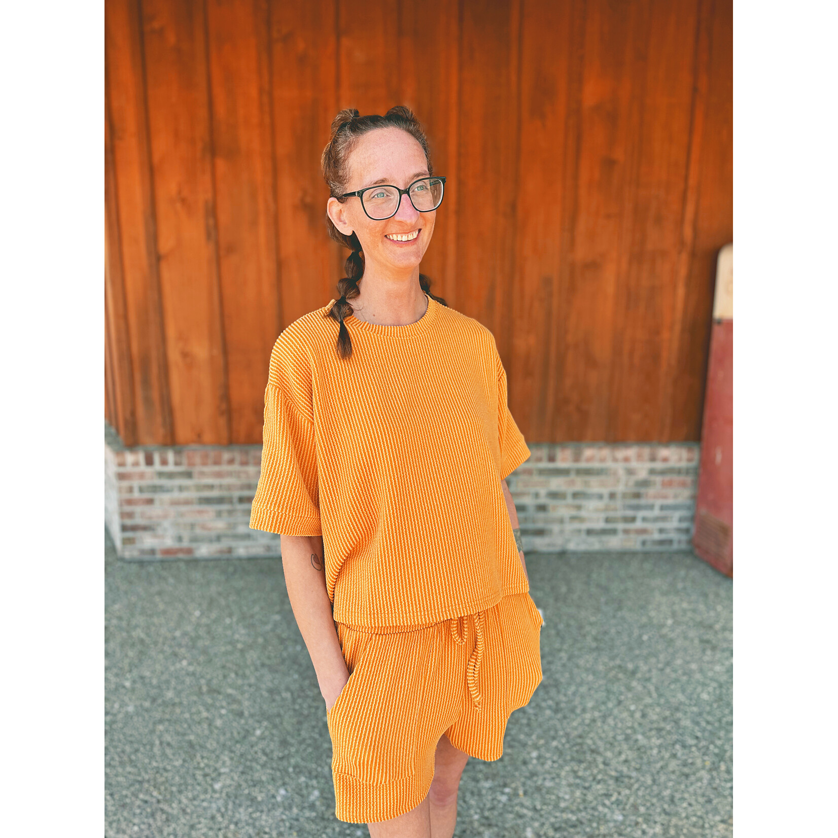 Zenana Zenana Raised Rib Short Sleeve Tee & Short Set Mustard