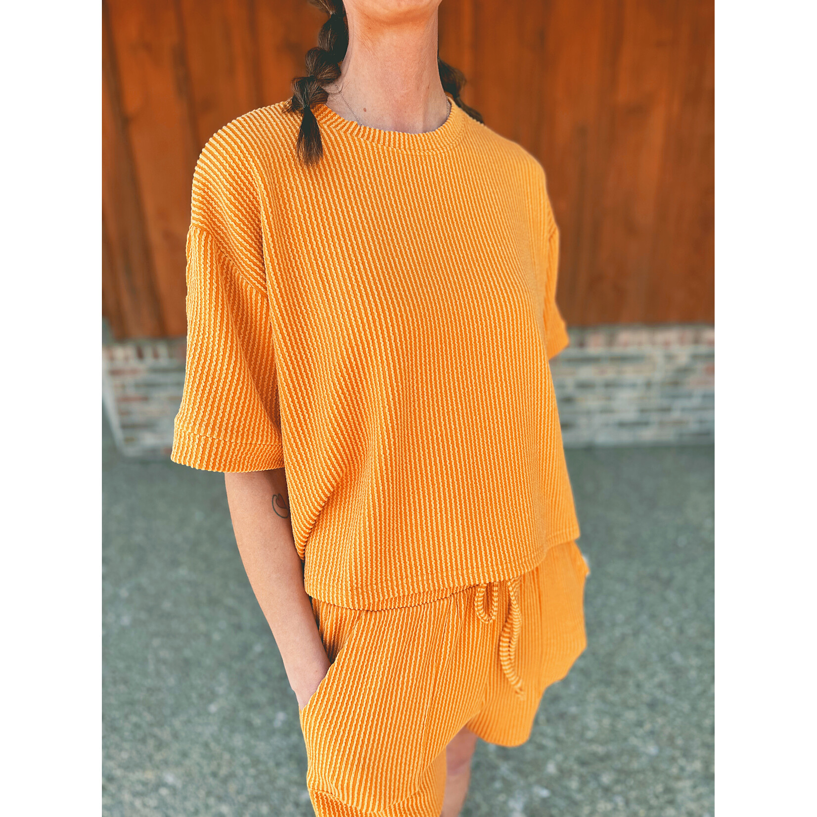 Zenana Zenana Raised Rib Short Sleeve Tee & Short Set Mustard