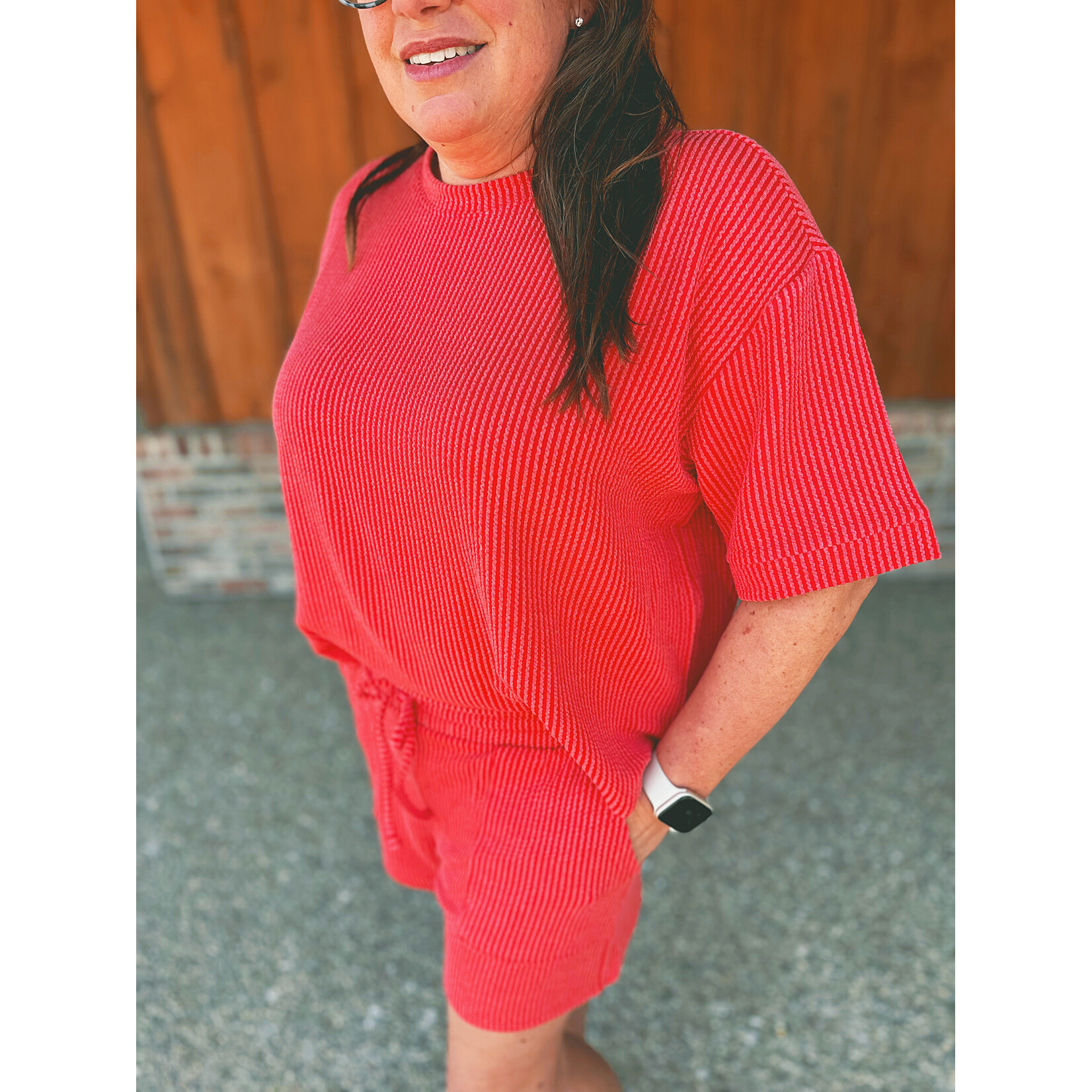 Zenana Zenana Raised Rib Short Sleeve Tee & Short Set in Ruby