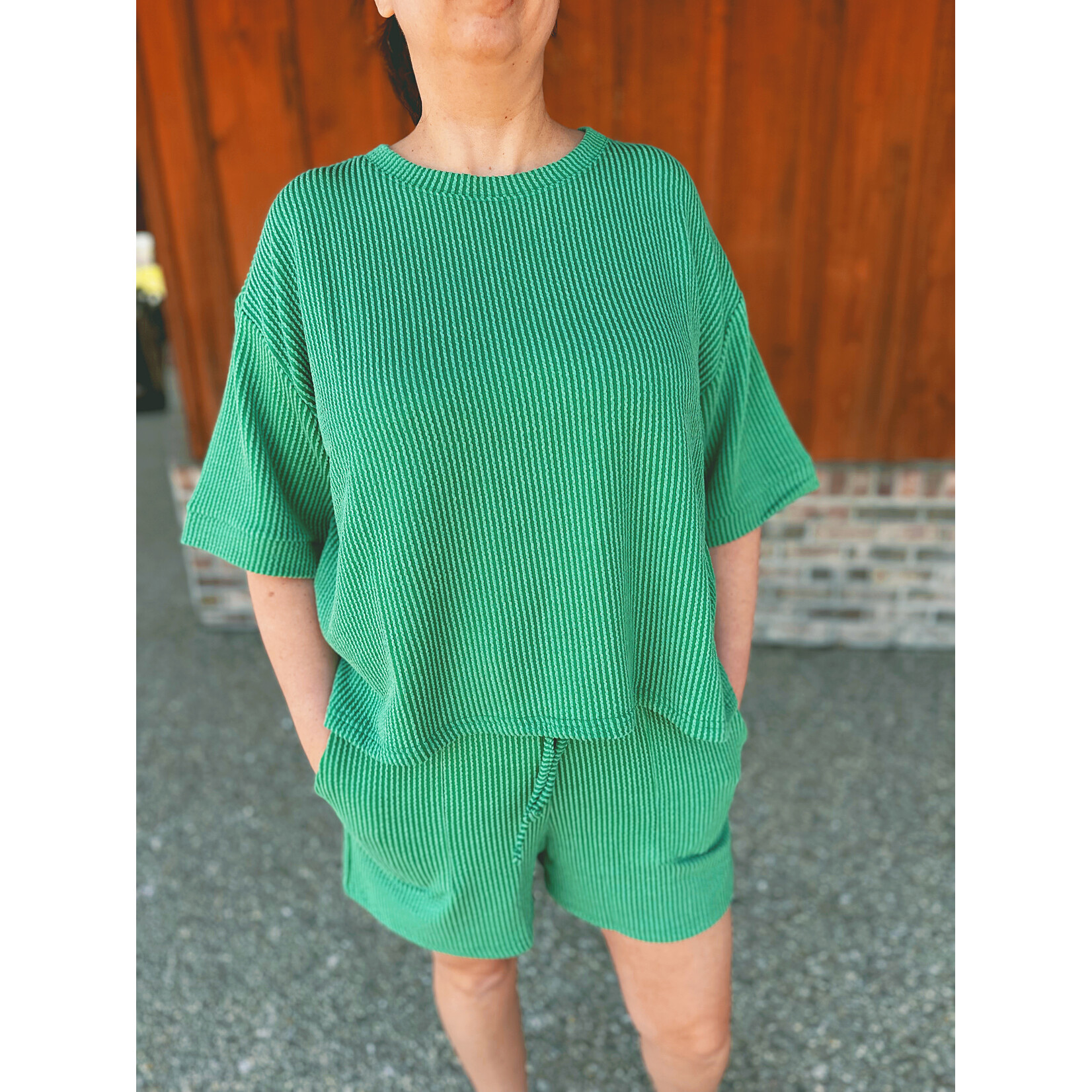 Zenana Zenana Raised Rib Short Sleeve Tee & Short Set Forest