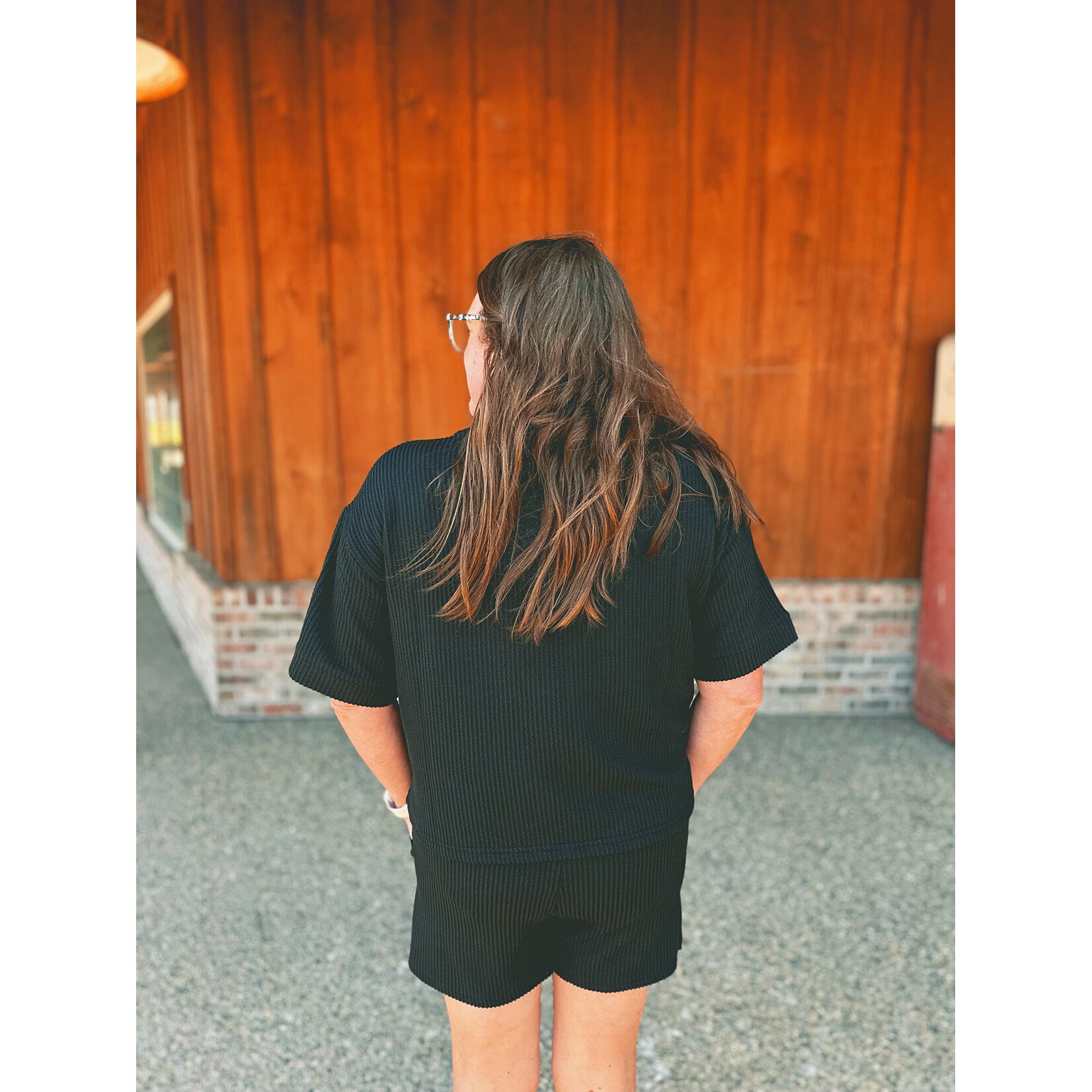 Zenana Zenana Raised Rib Short Sleeve Tee & Short Set Black 8588