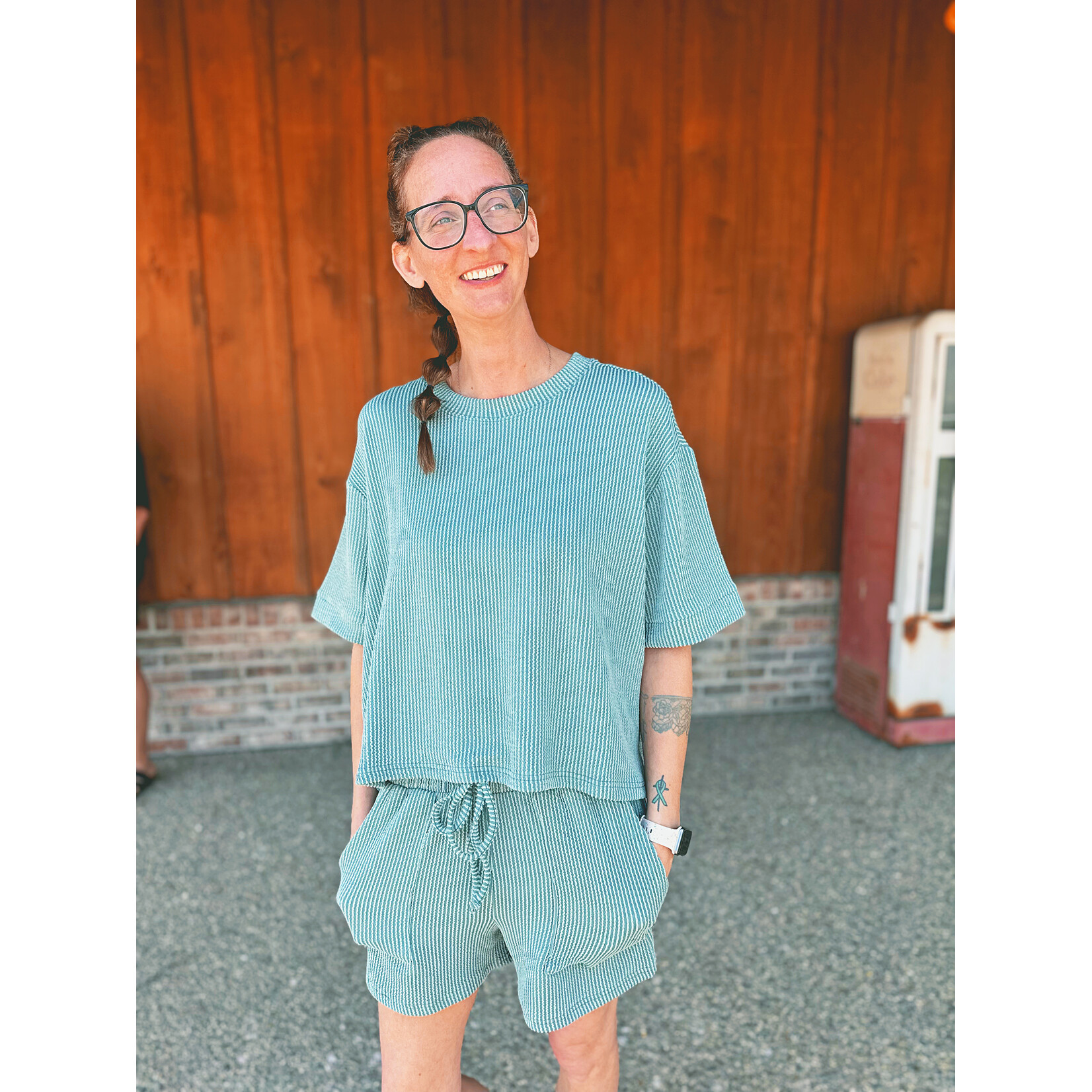 Zenana Zenana Raised Rib Short Sleeve Tee & Short Set Jade