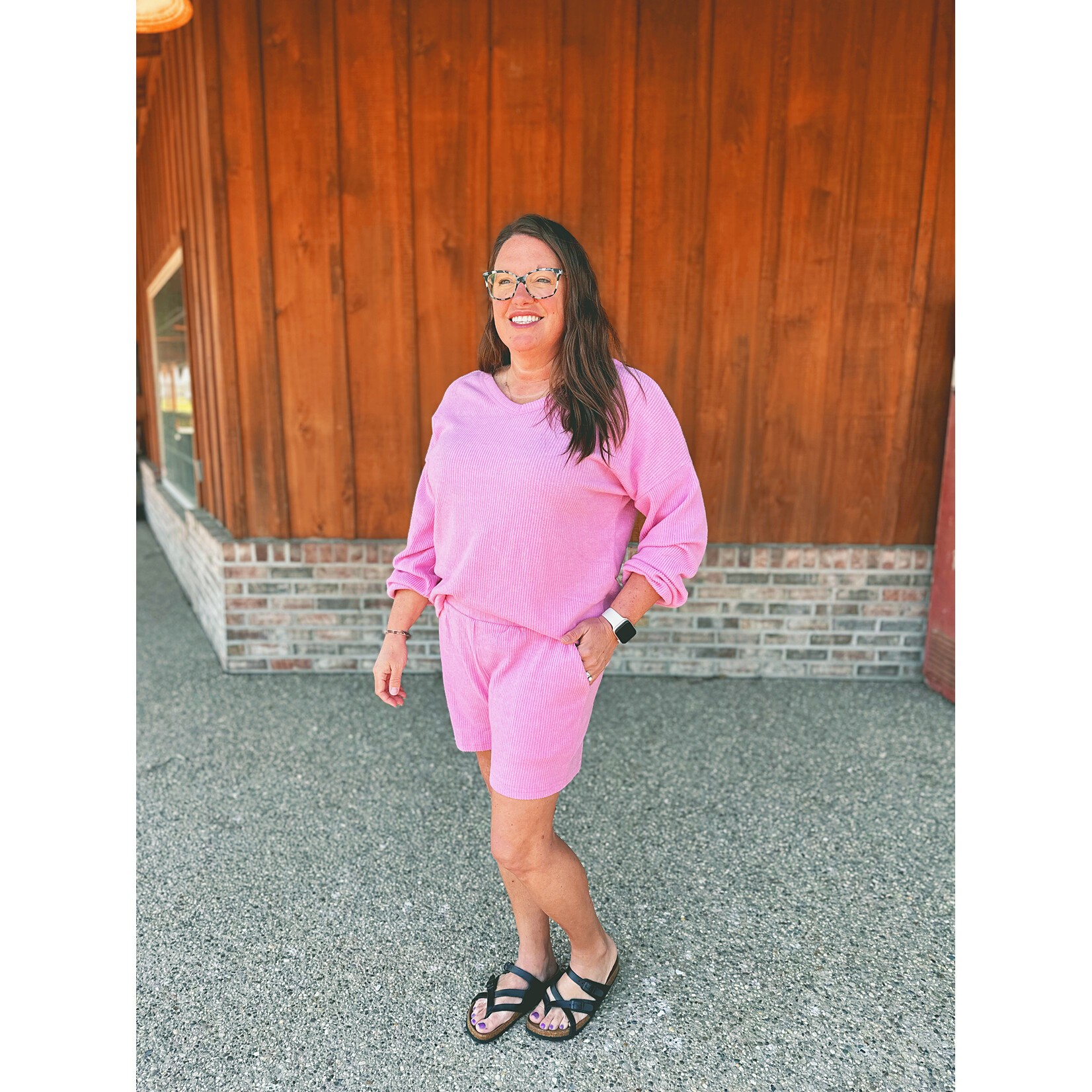 Zenana Zenana Ribbed Hacci V-Neck Long Sleeve Tee & Shorts Set Candy Pink