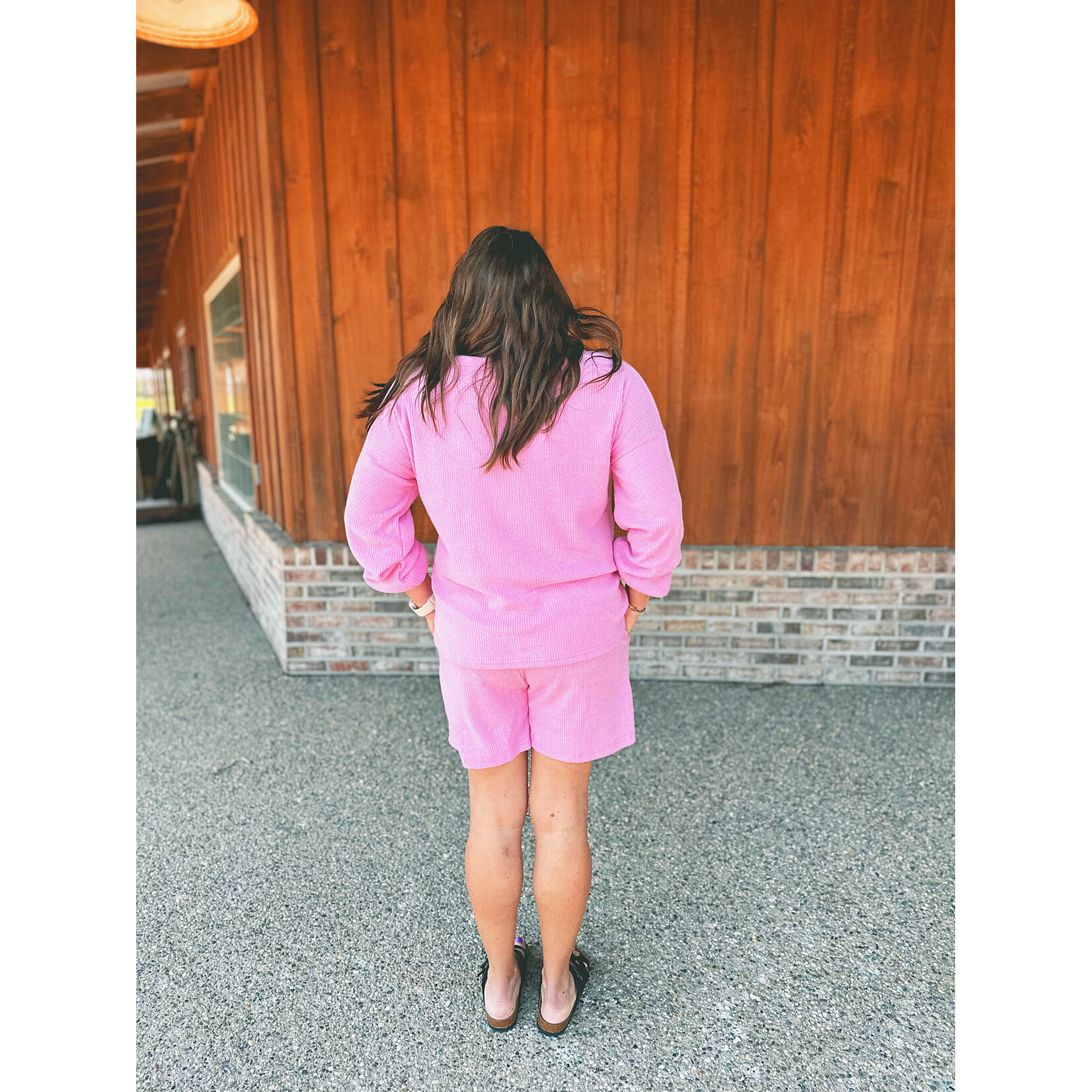 Zenana Zenana Ribbed Hacci V-Neck Long Sleeve Tee & Shorts Set Candy Pink