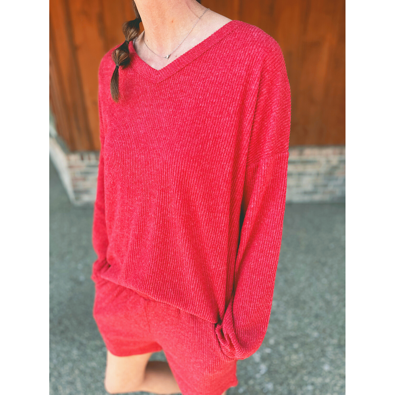 Zenana Zenana Ribbed Hacci V-Neck Long Sleeve Tee & Shorts Set Dark Red