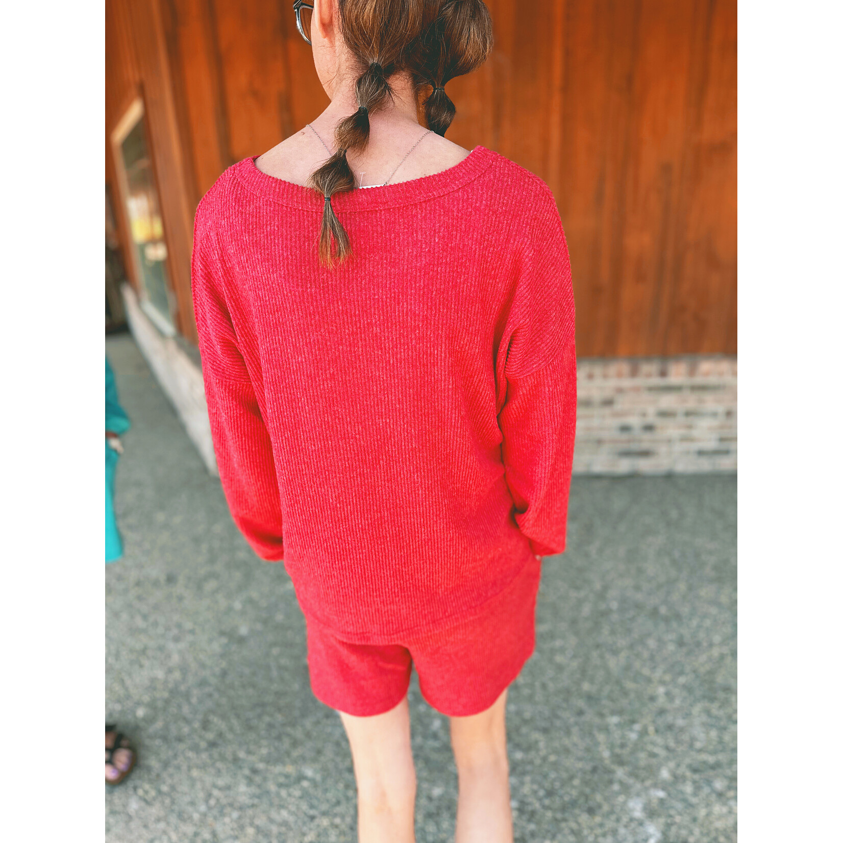 Zenana Zenana Ribbed Hacci V-Neck Long Sleeve Tee & Shorts Set Dark Red