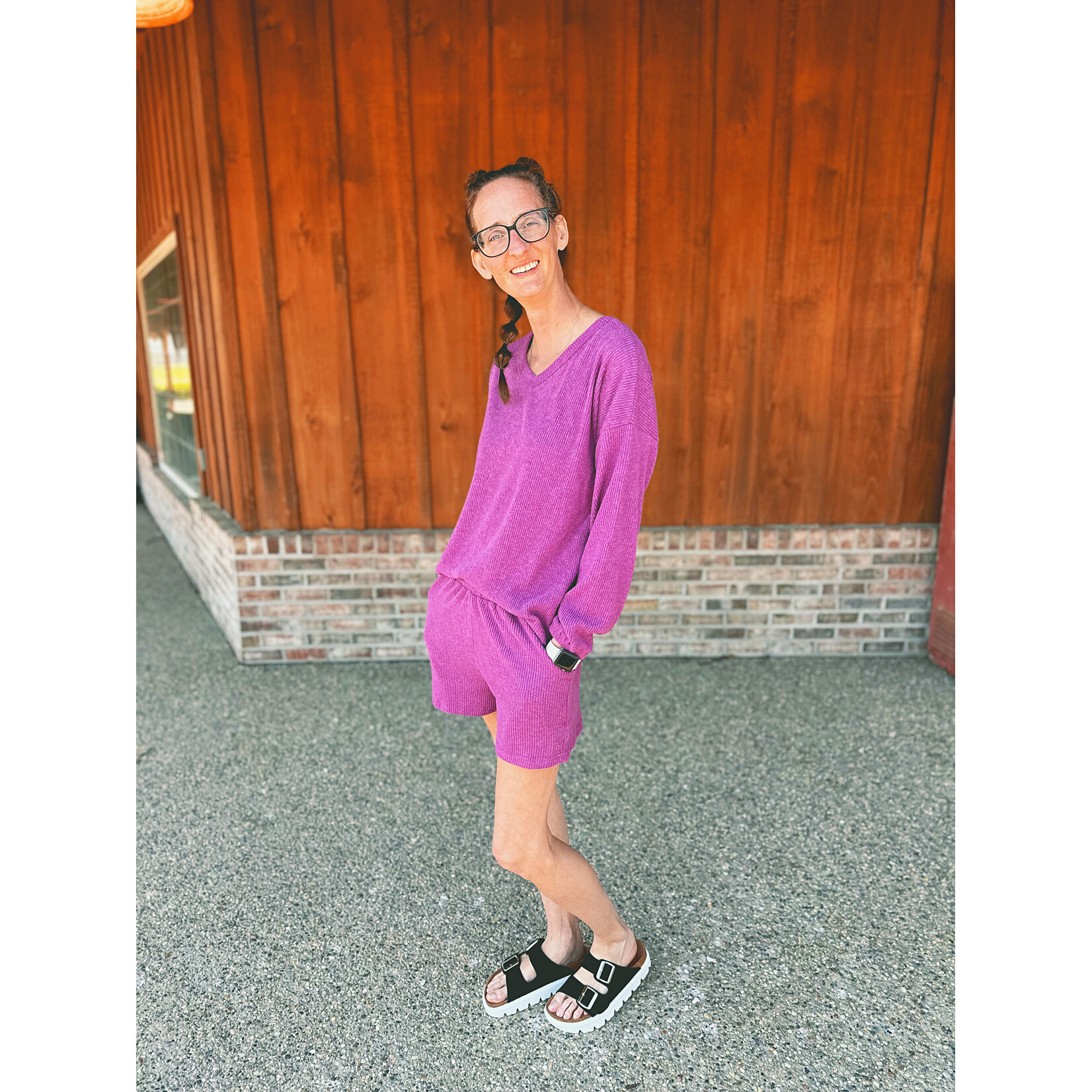 Zenana Zenana Ribbed Hacci V-Neck Long Sleeve Tee & Shorts Set Light Plum