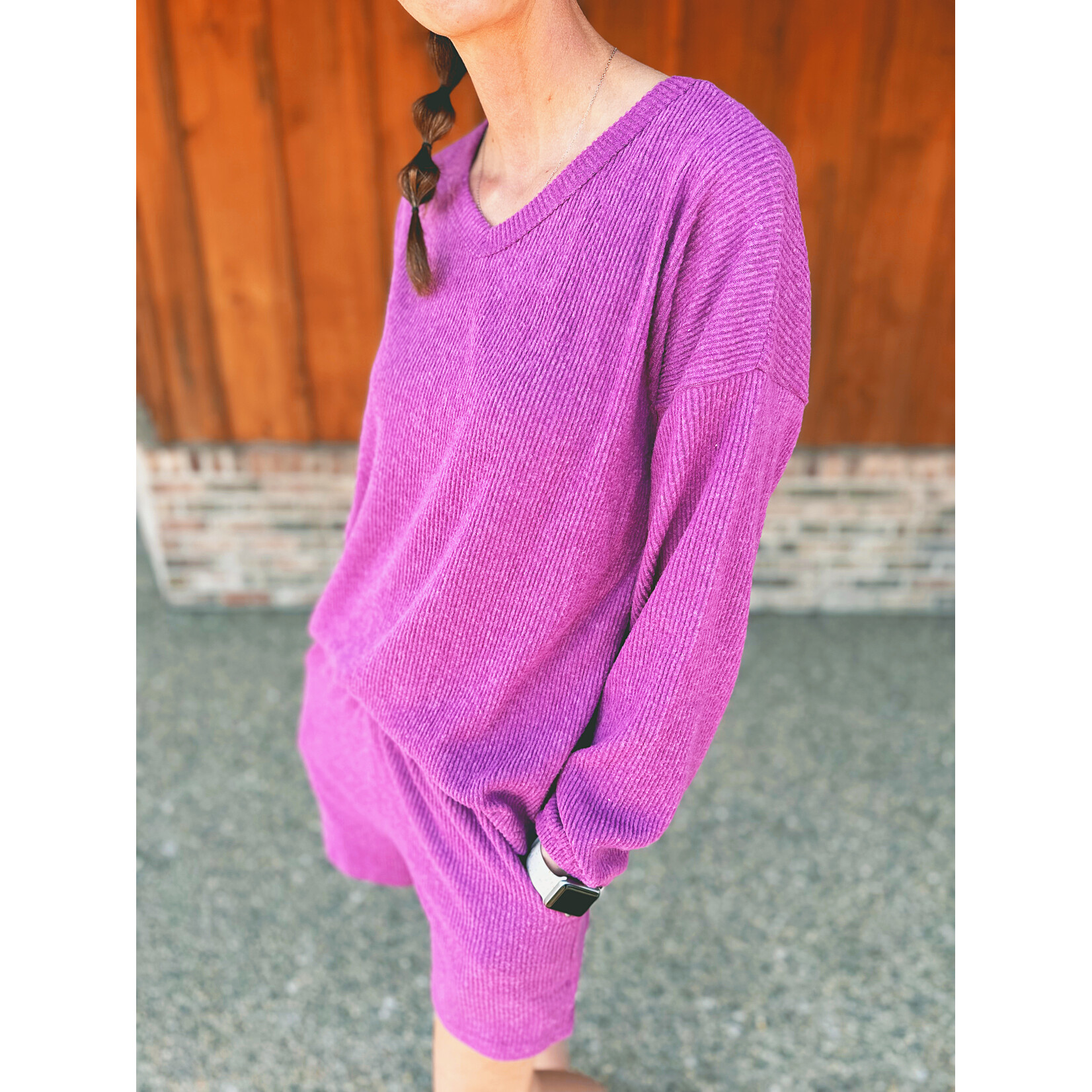 Zenana Zenana Ribbed Hacci V-Neck Long Sleeve Tee & Shorts Set Light Plum