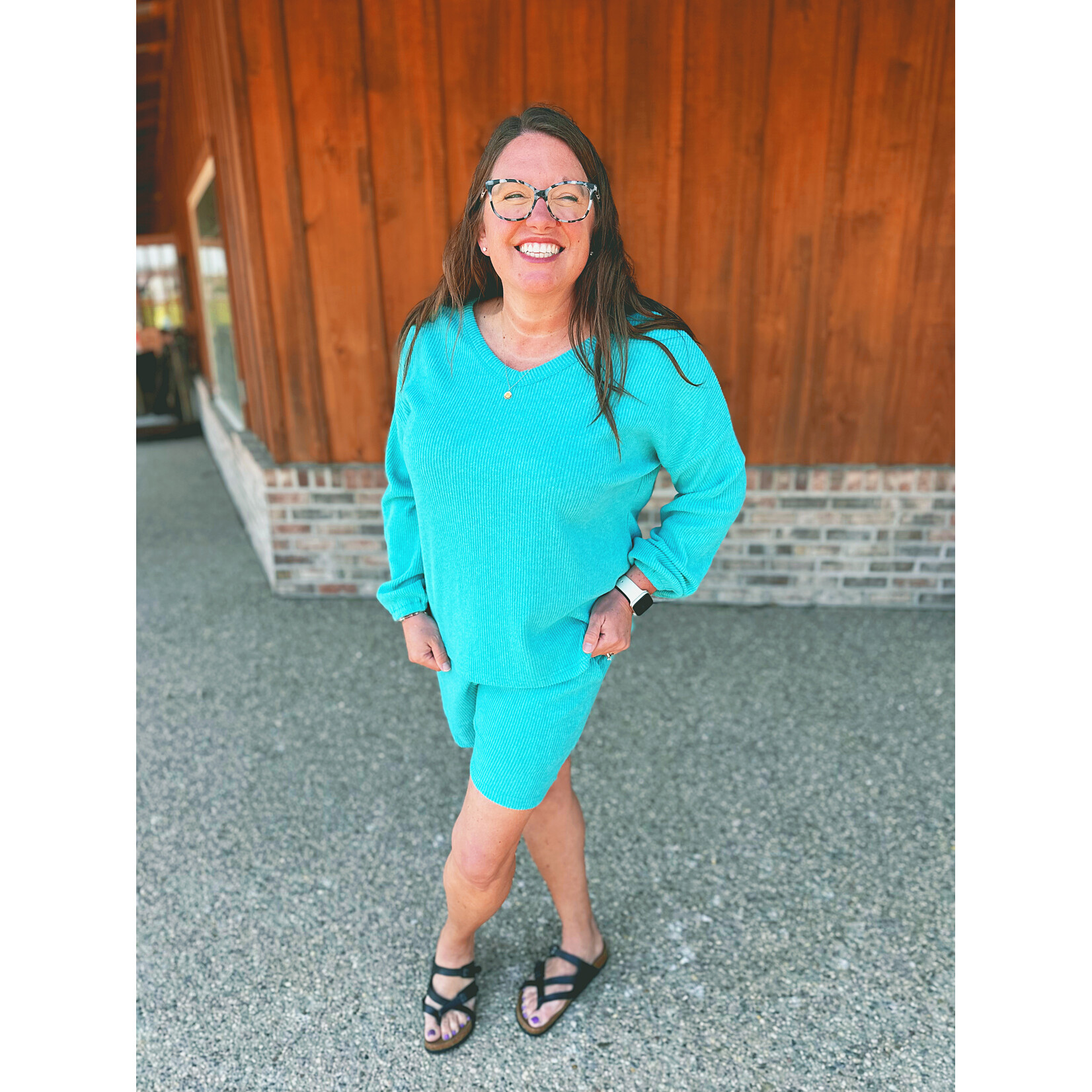 Zenana Zenana Ribbed Hacci V-Neck Long Sleeve Tee & Shorts Set Light Teal