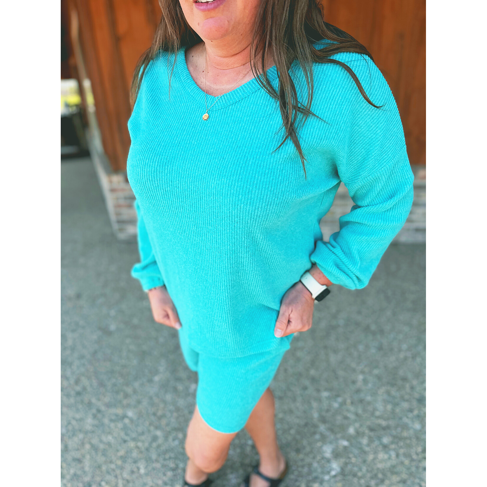 Zenana Zenana Ribbed Hacci V-Neck Long Sleeve Tee & Shorts Set Light Teal