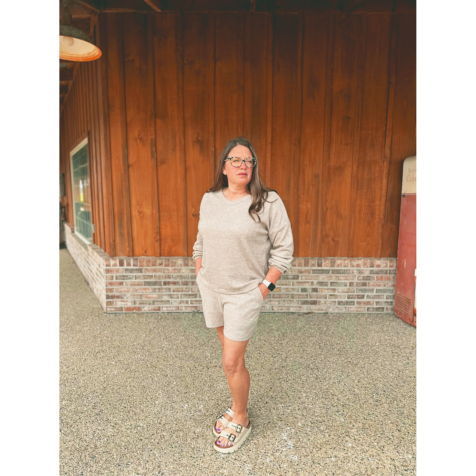 Zenana Zenana Ribbed Hacci V-Neck Long Sleeve Tee & Shorts Set Heather Mocha