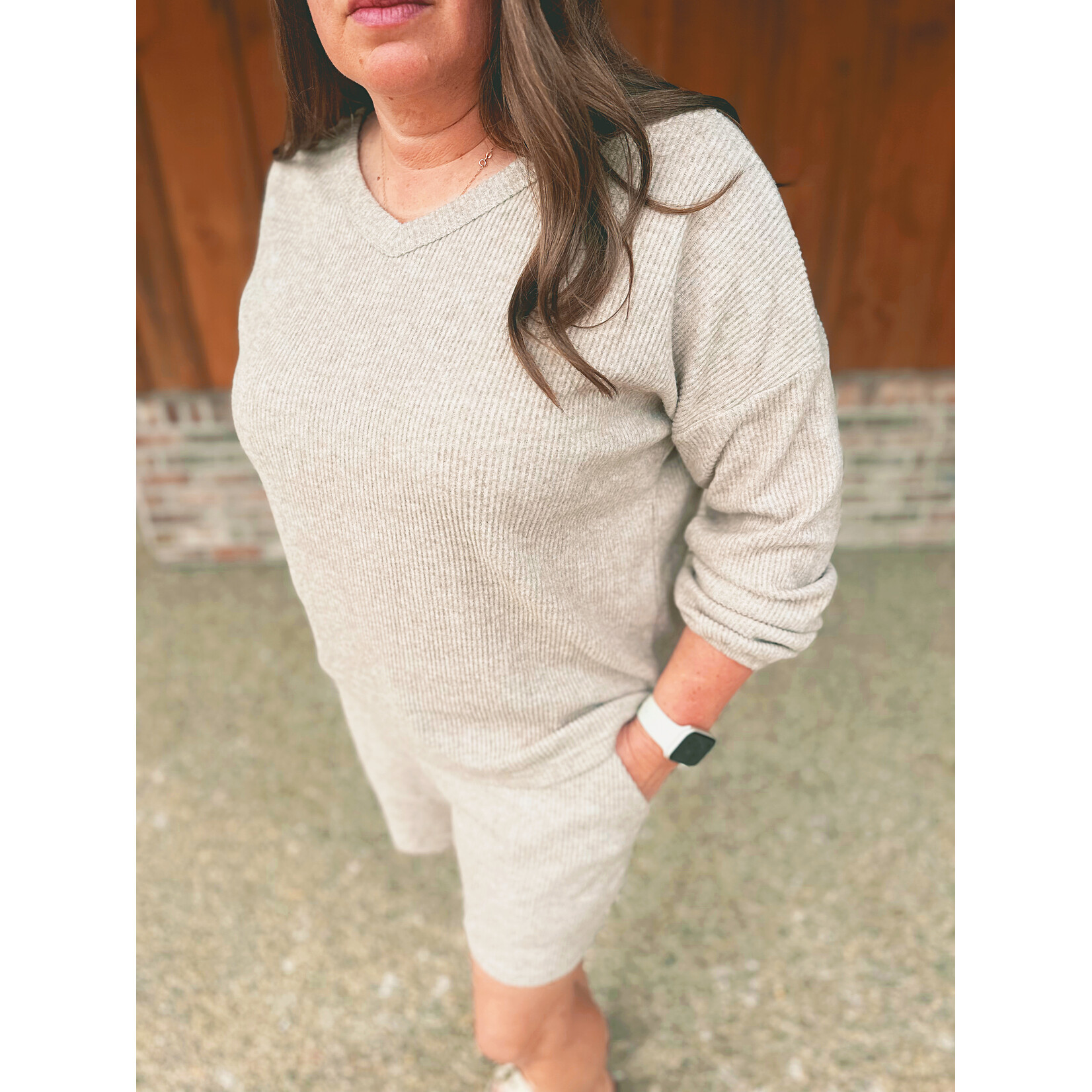 Zenana Zenana Ribbed Hacci V-Neck Long Sleeve Tee & Shorts Set Heather Mocha