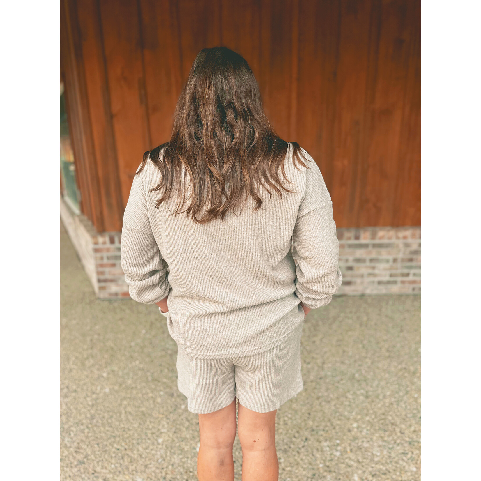 Zenana Zenana Ribbed Hacci V-Neck Long Sleeve Tee & Shorts Set Heather Mocha