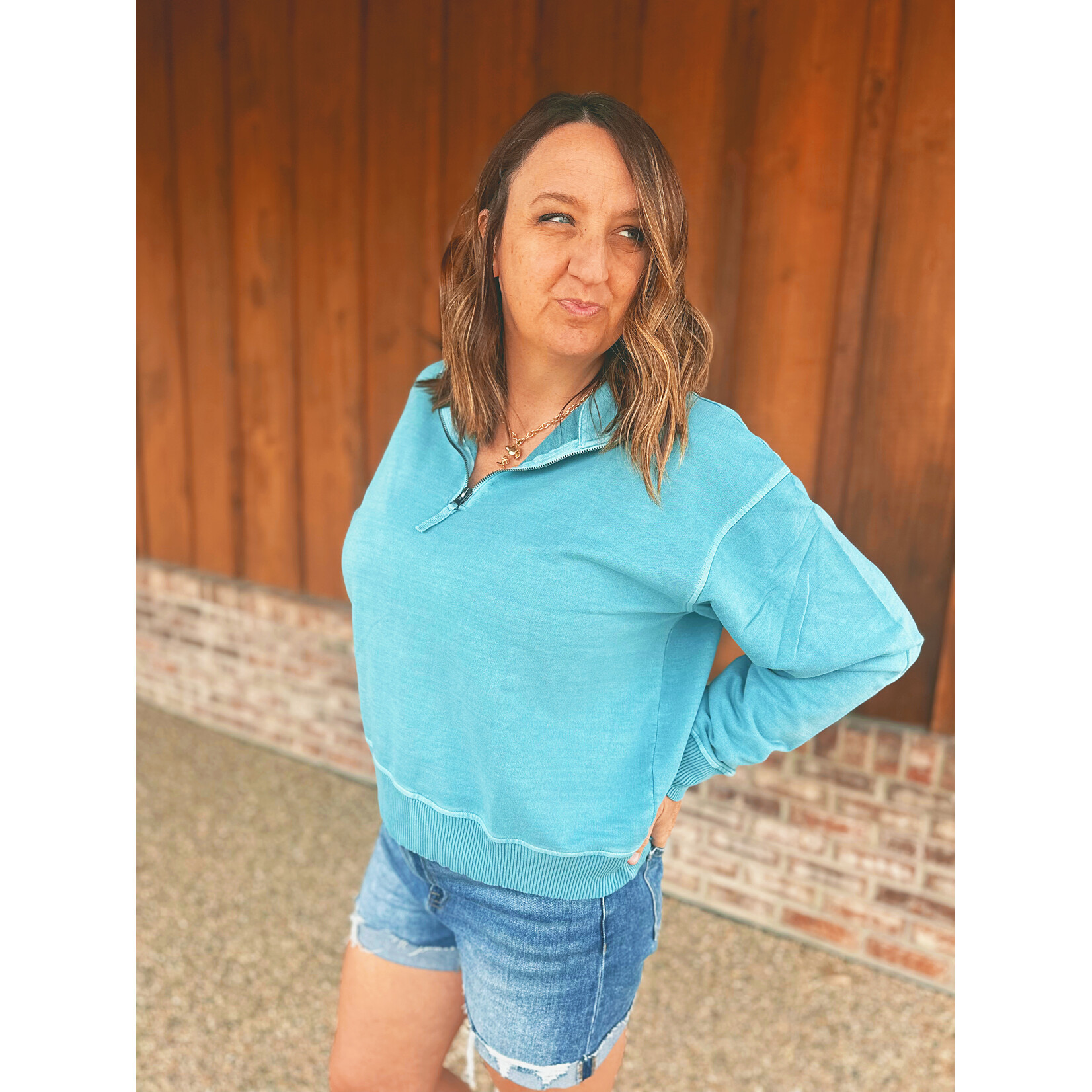 Zenana Zenana Pigment Dyed Enzyme Washed Half Zip Pullover Blue Grey