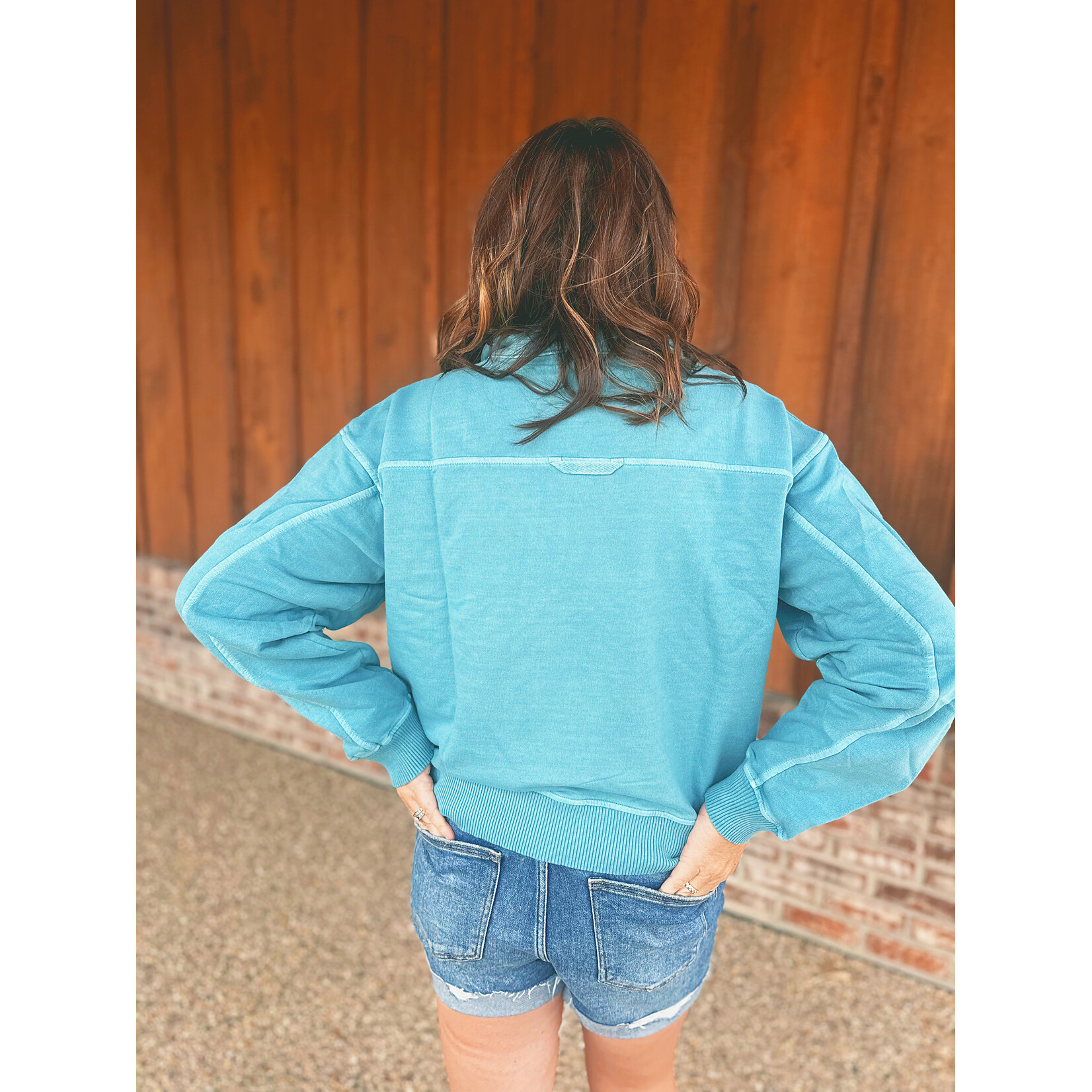 Zenana Zenana Pigment Dyed Enzyme Washed Half Zip Pullover Blue Grey