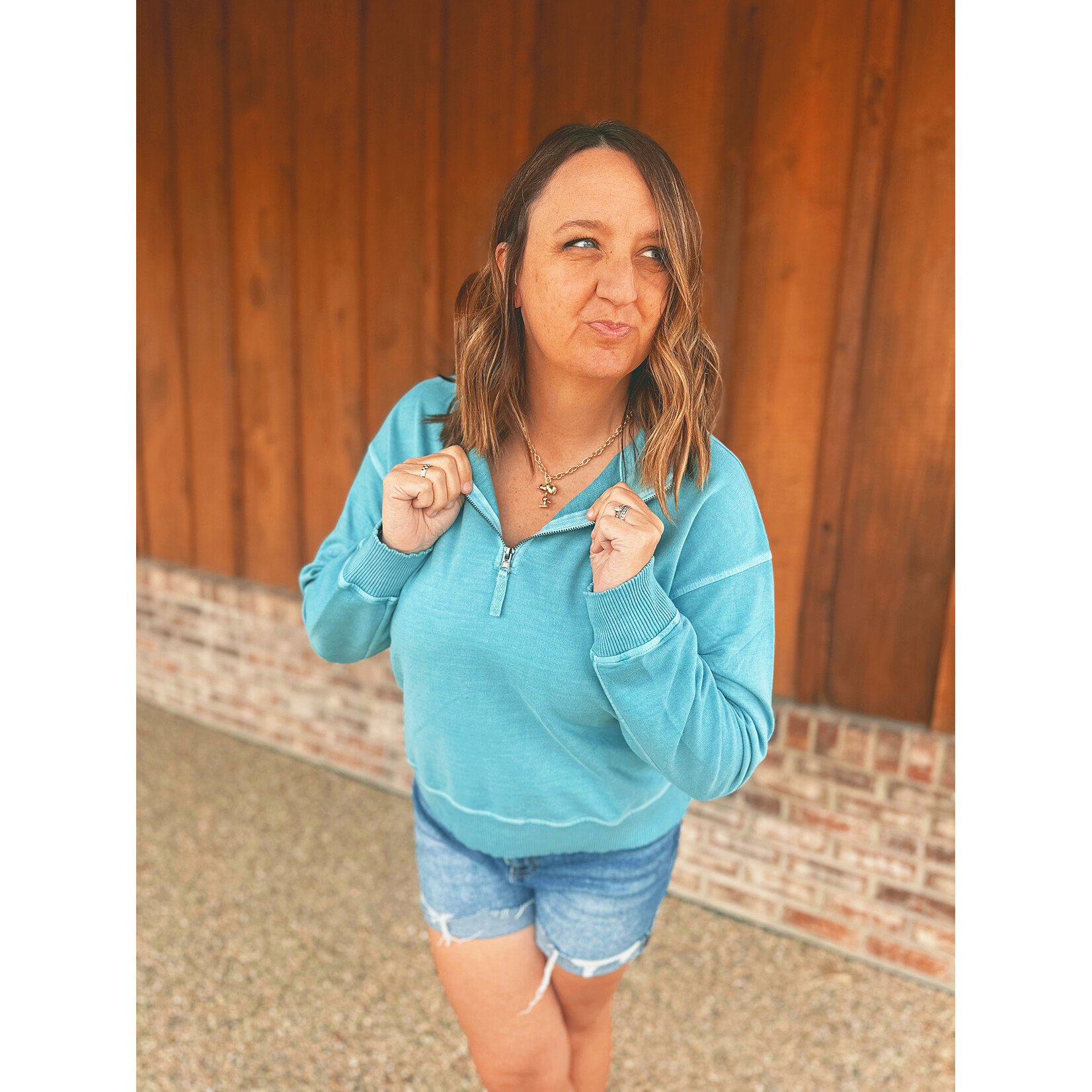 Zenana Zenana Pigment Dyed Enzyme Washed Half Zip Pullover Blue Grey