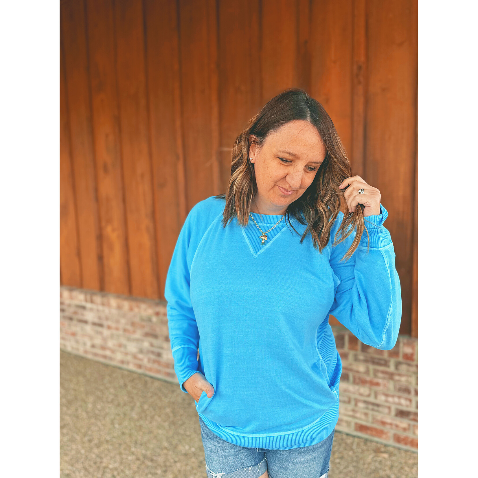 Zenana Zenana Pigment Dyed French Terry Pullover with Pockets Deep Sky