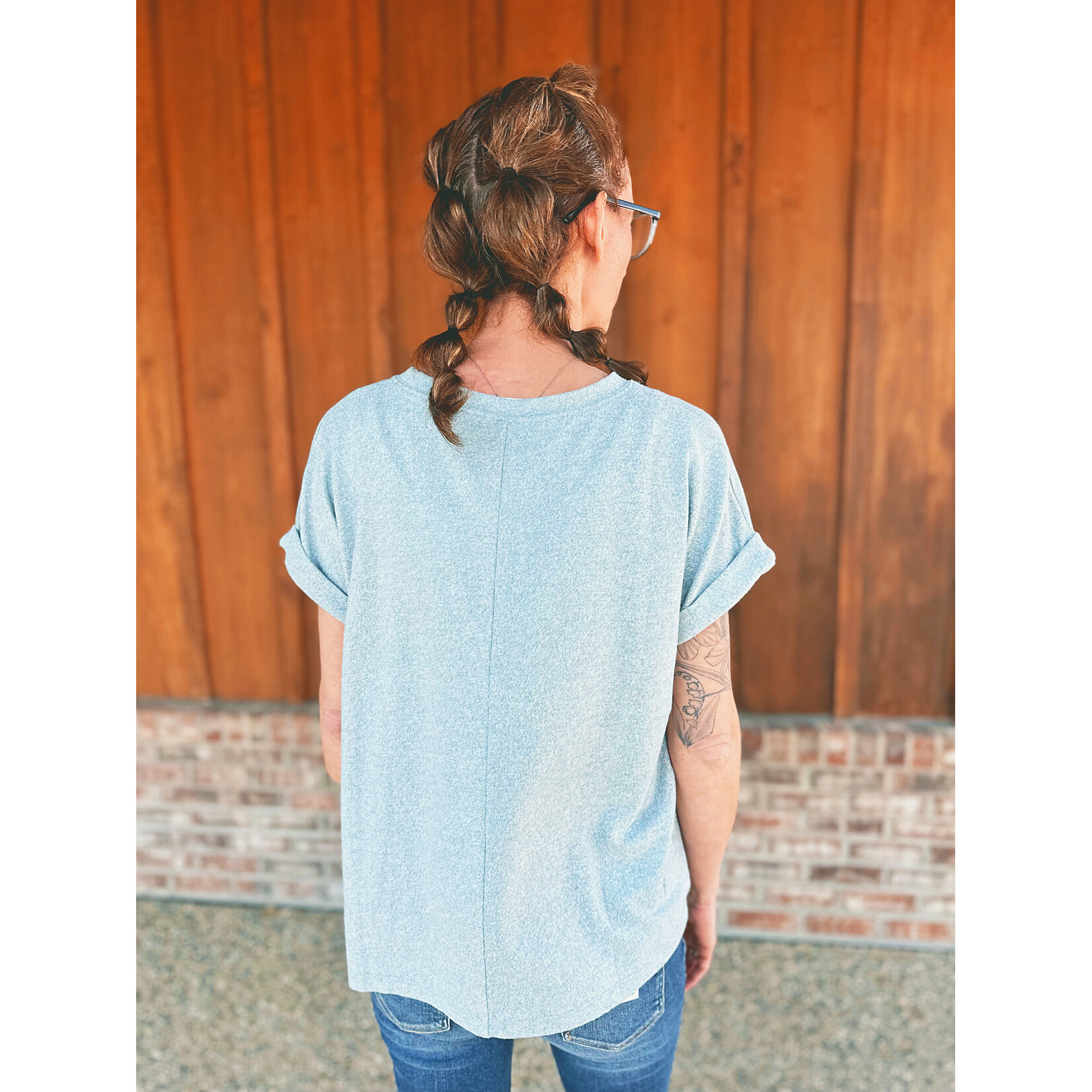 Zenana Zenana Soft Melange Hacci Short Sleeve Top Blue Grey
