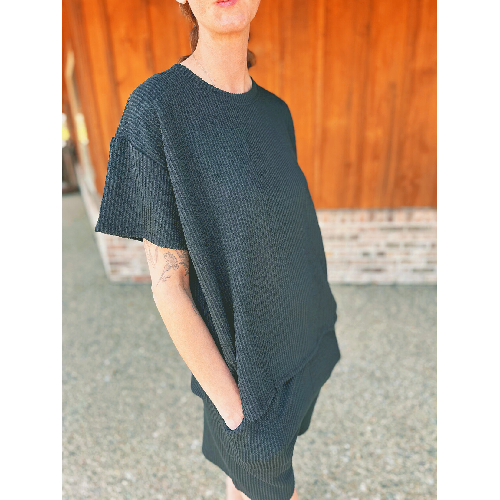 Zenana Zenana Ribbed Short Sleeve Tee & Shorts Set Black