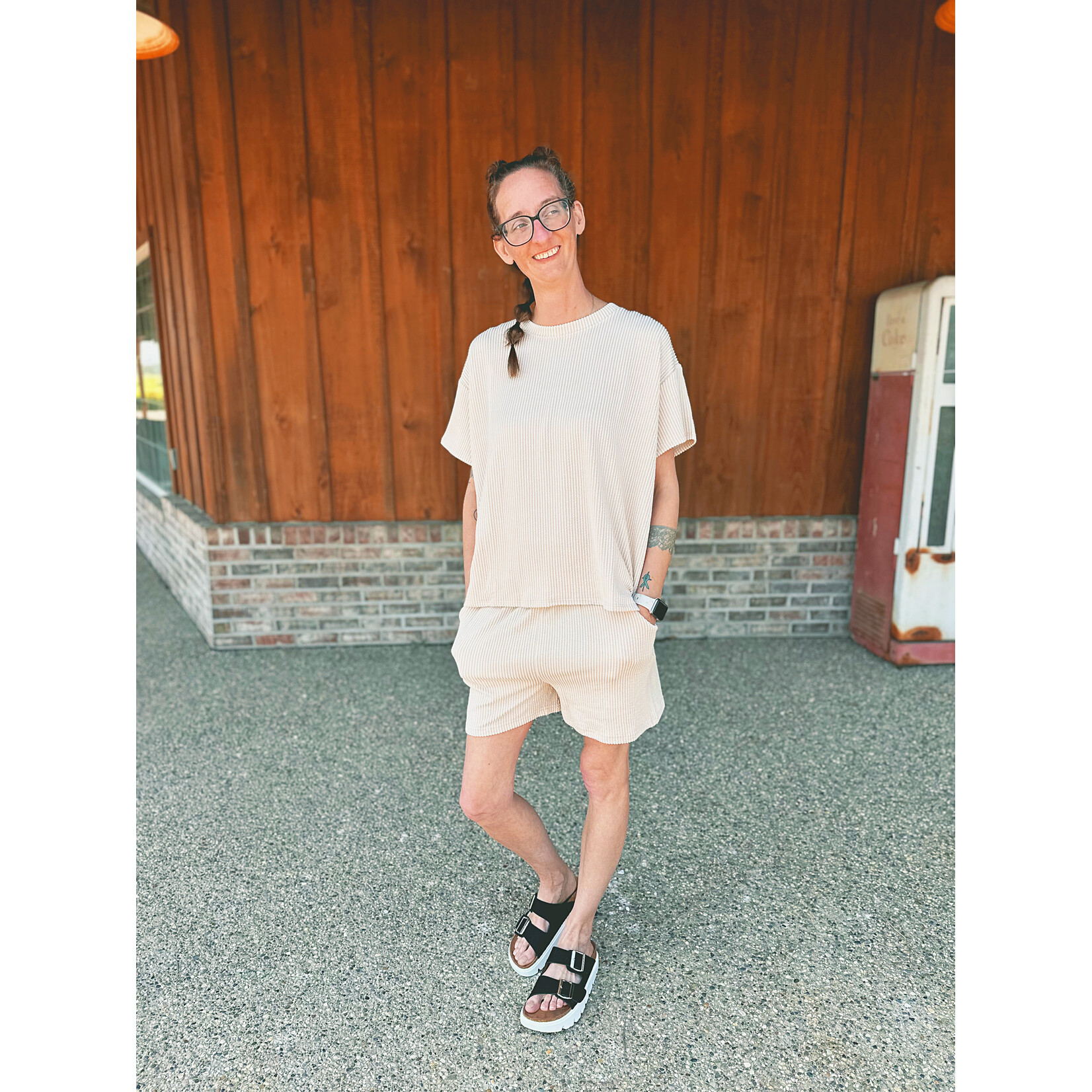 Zenana Zenana Ribbed Short Sleeve Tee & Shorts Set Sand Beige