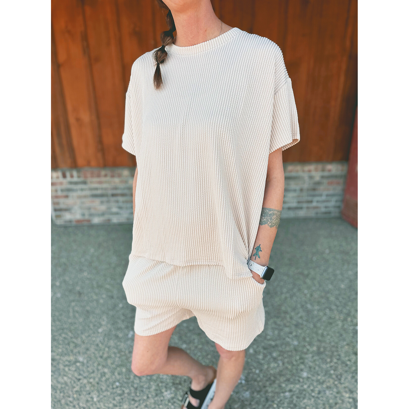 Zenana Zenana Ribbed Short Sleeve Tee & Shorts Set Sand Beige