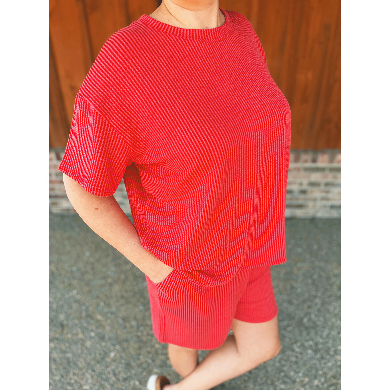 Zenana Zenana Ribbed Short Sleeve Tee & Shorts Set Ruby 8544