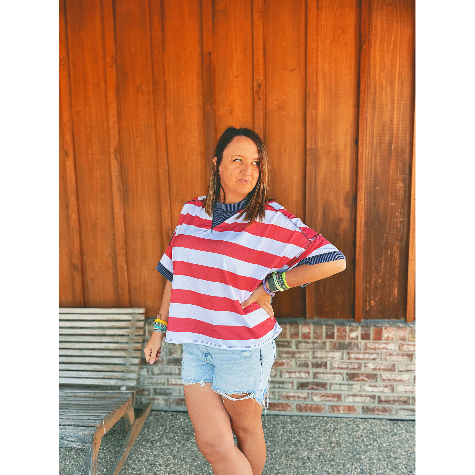 Haptics Haptics Crewneck Oversized Stripe Knit Top Red