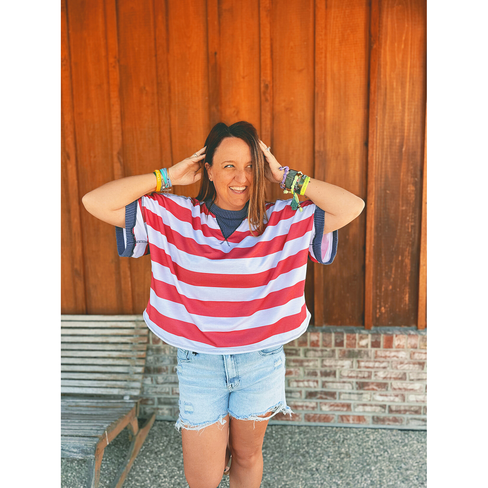 Haptics Haptics Crewneck Oversized Stripe Knit Top Red