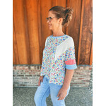 Haptics Haptics Short Sleeve Color Block Floral Knit Top Light Blue/Coral