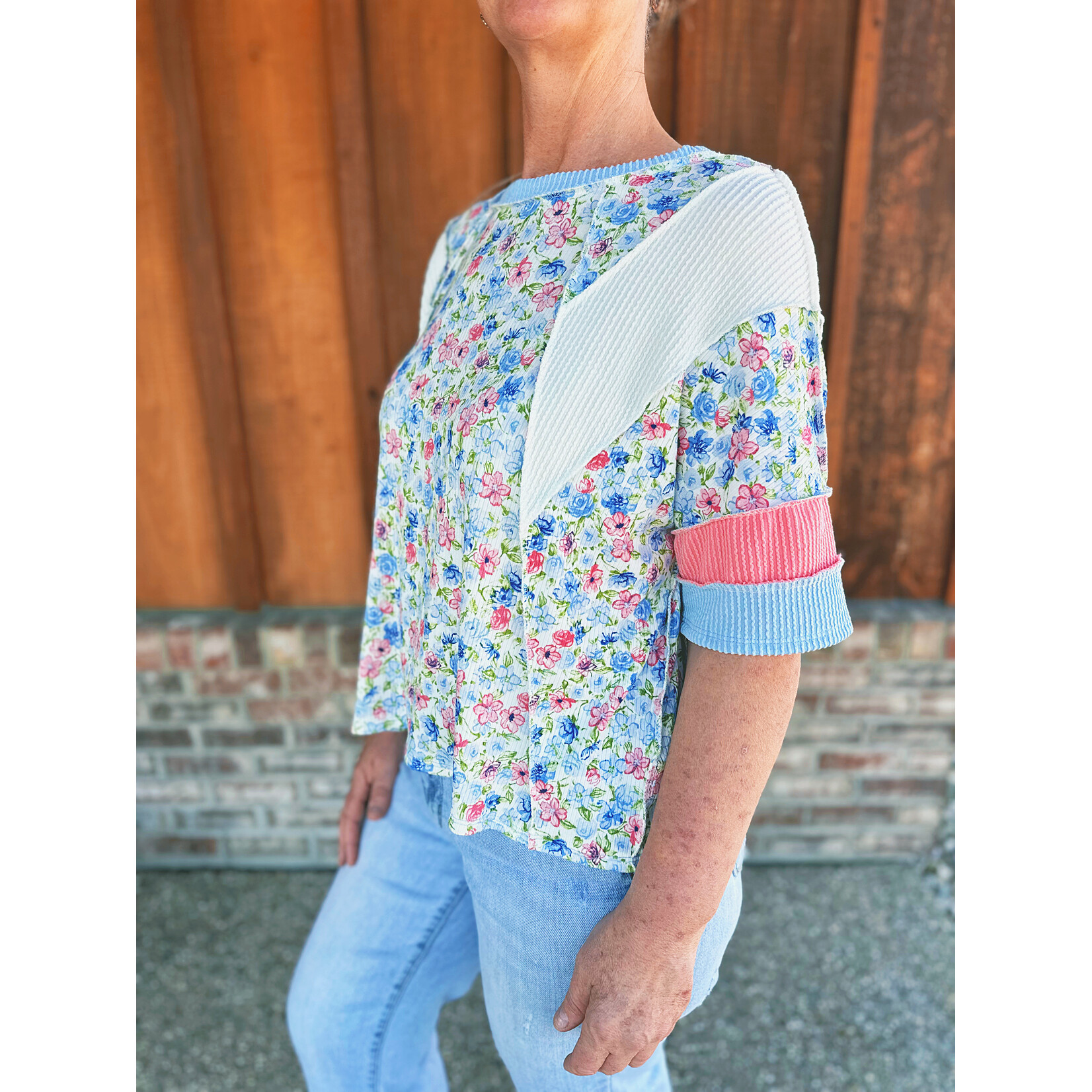 Haptics Haptics Short Sleeve Color Block Floral Knit Top Light Blue/Coral