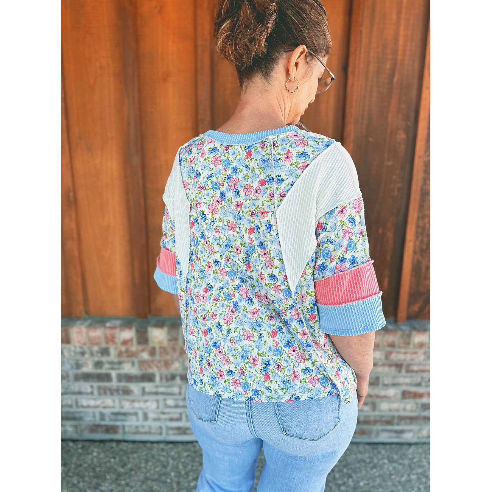 Haptics Haptics Short Sleeve Color Block Floral Knit Top Light Blue/Coral