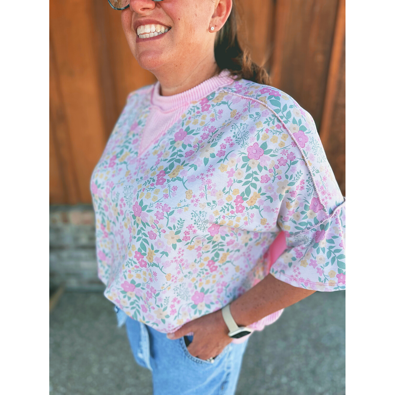 Haptics Haptics Oversized Flutter Sleeve Floral Top Blush/Pink