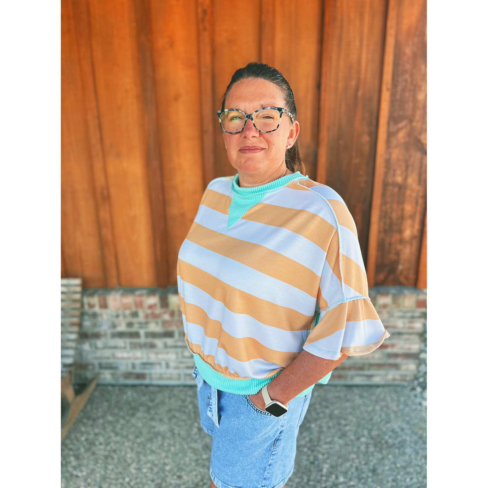 Haptics Haptics Flutter Elbow Sleeve Stripe French Terry Top Butter Yellow/Aqua