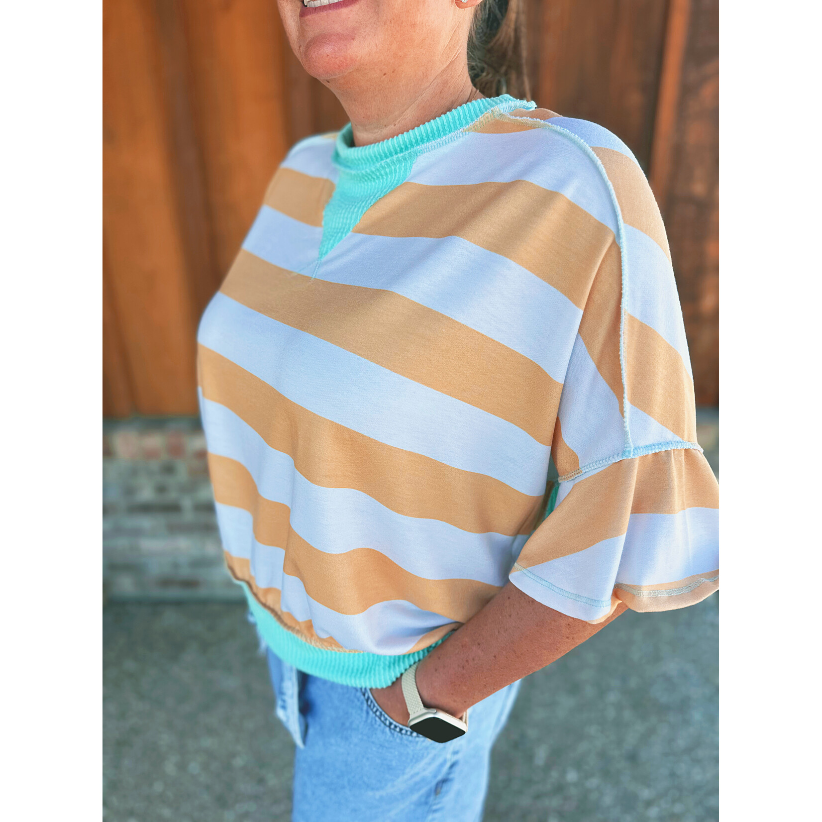 Haptics Haptics Flutter Elbow Sleeve Stripe French Terry Top Butter Yellow/Aqua