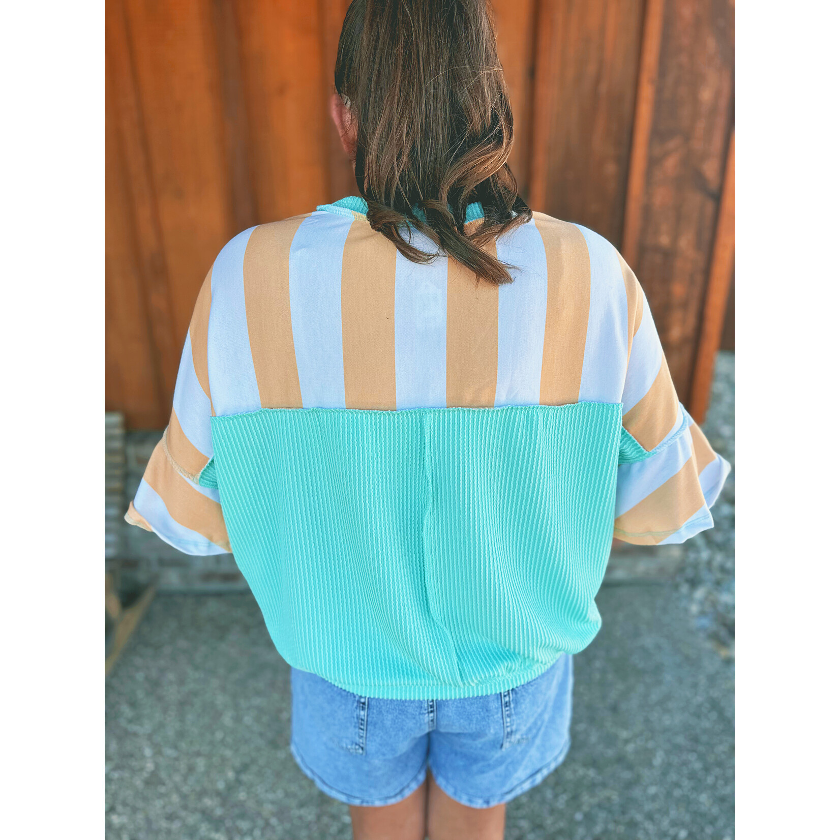 Haptics Haptics Flutter Elbow Sleeve Stripe French Terry Top Butter Yellow/Aqua