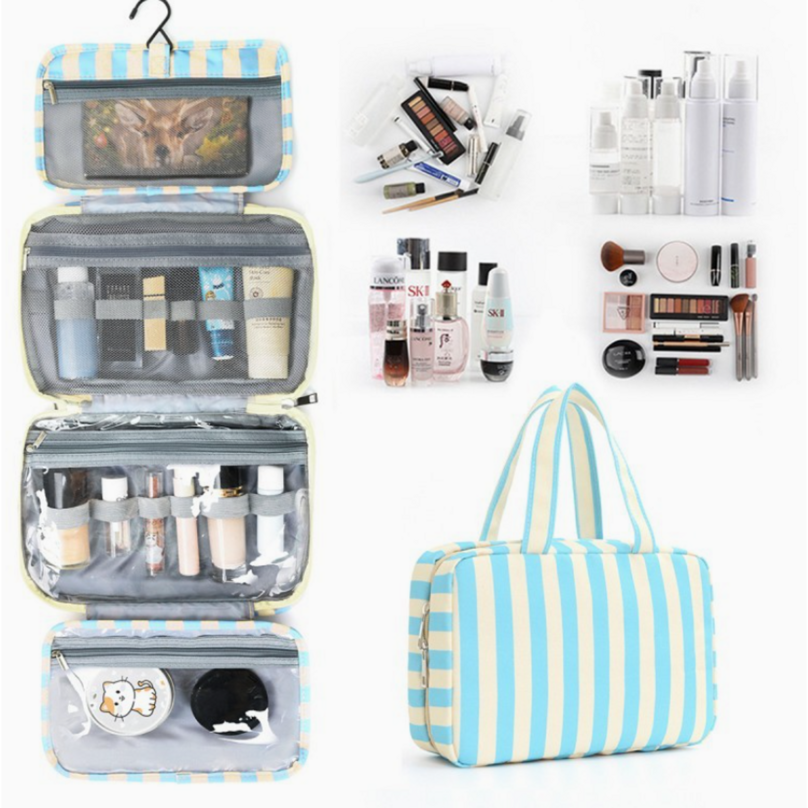 Josslyn Josslyn Striped Hanging Toiletry & Makeup Bag Blue Off White
