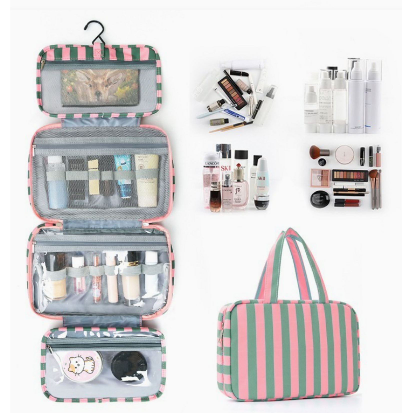 Josslyn Josslyn Striped Hanging Toiletry & Makeup Bag Pink Green