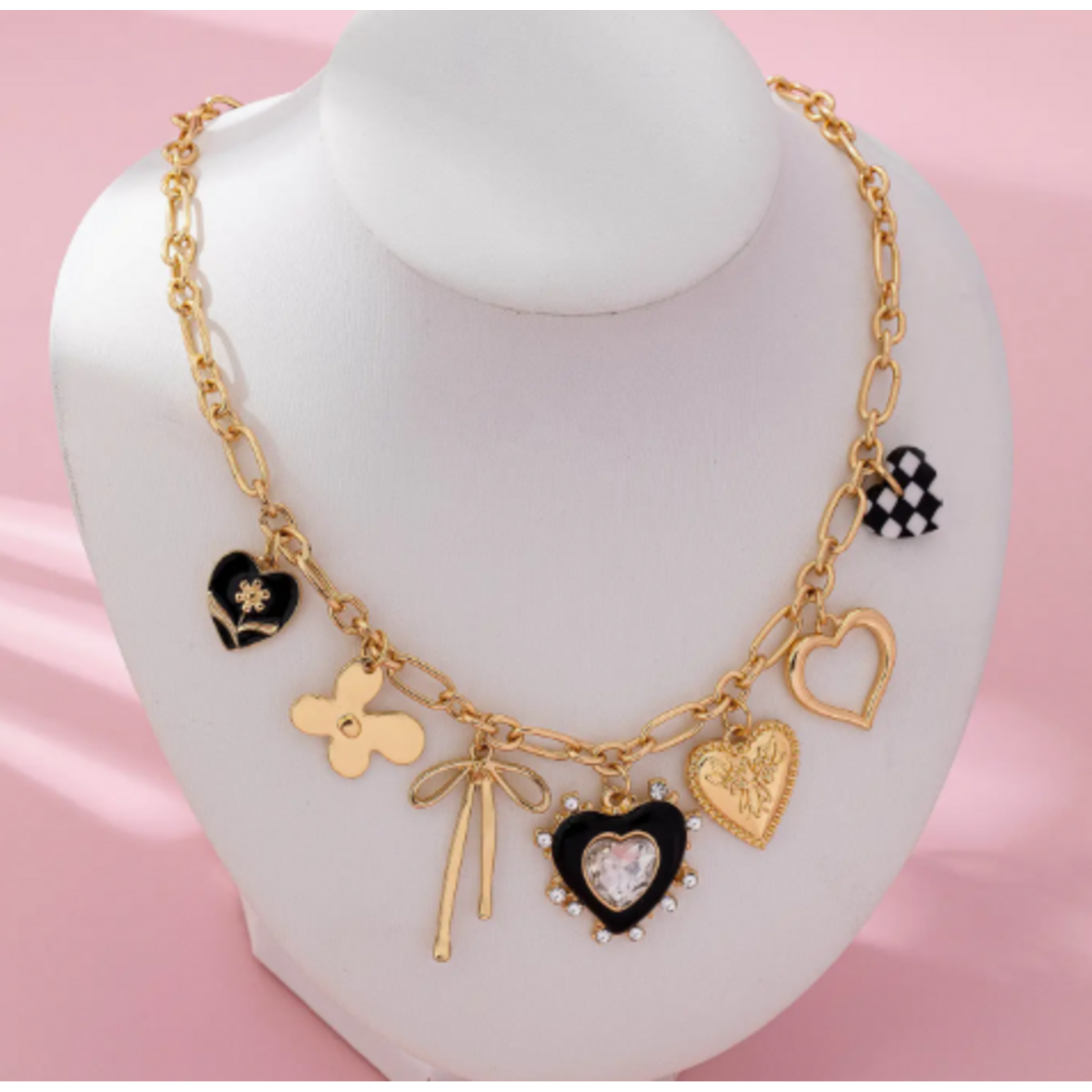 Josslyn Josslyn Charm Necklace Bow Checker Heart Rhinestone Gold