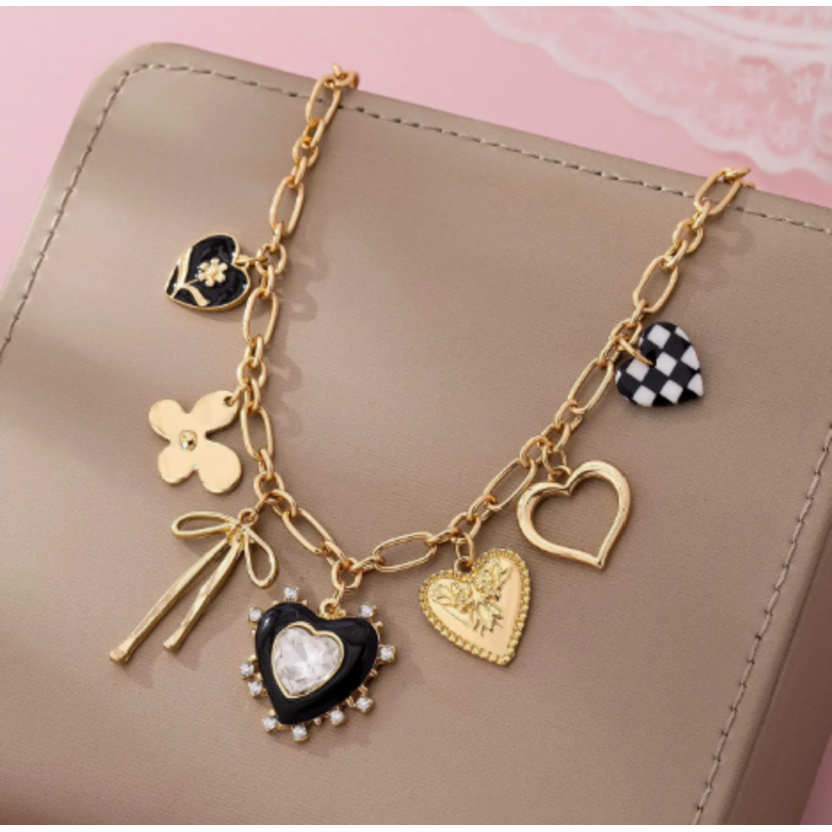 Josslyn Josslyn Charm Necklace Bow Checker Heart Rhinestone Gold