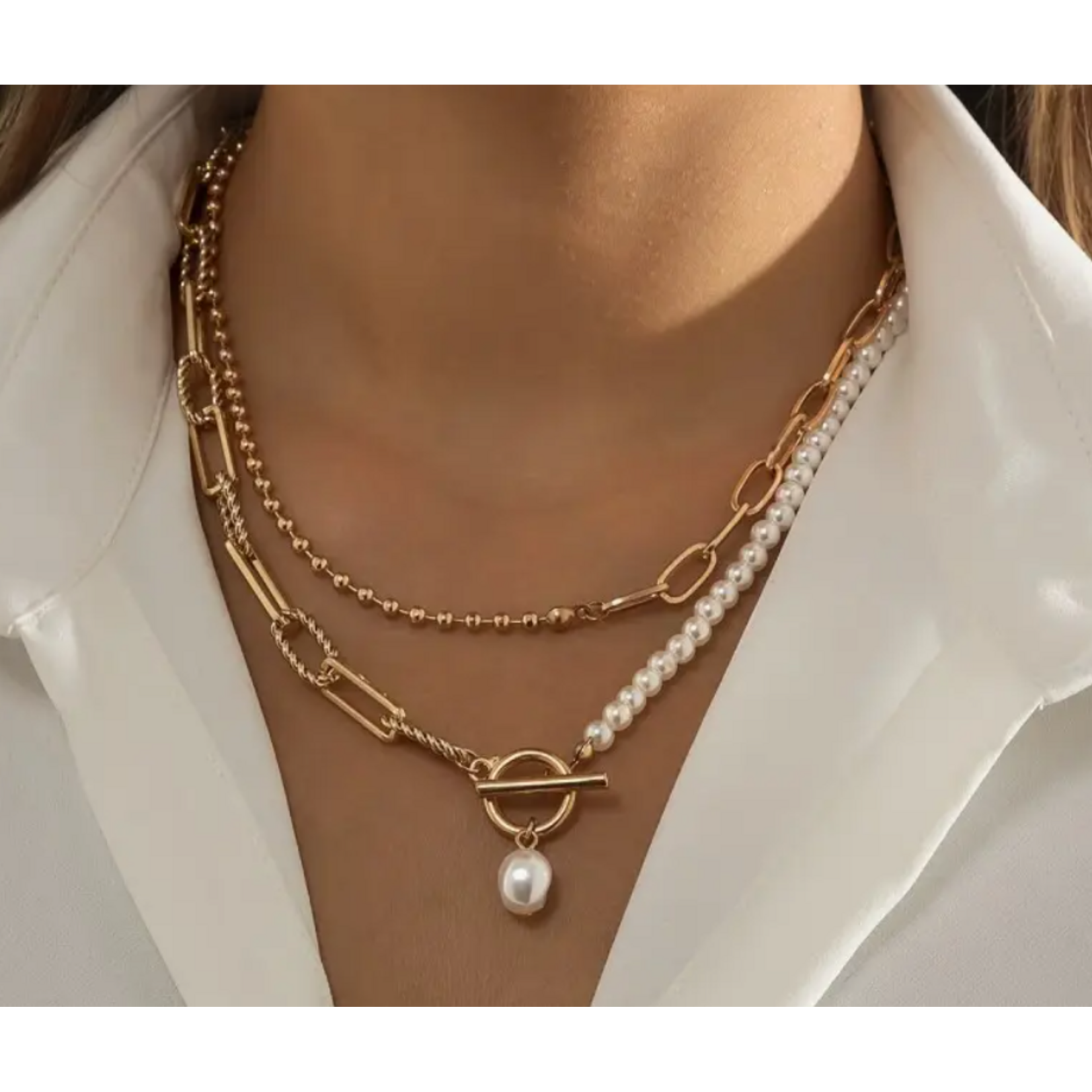Josslyn Josslyn Pearl Mix Double Layer Toggle Necklace Gold