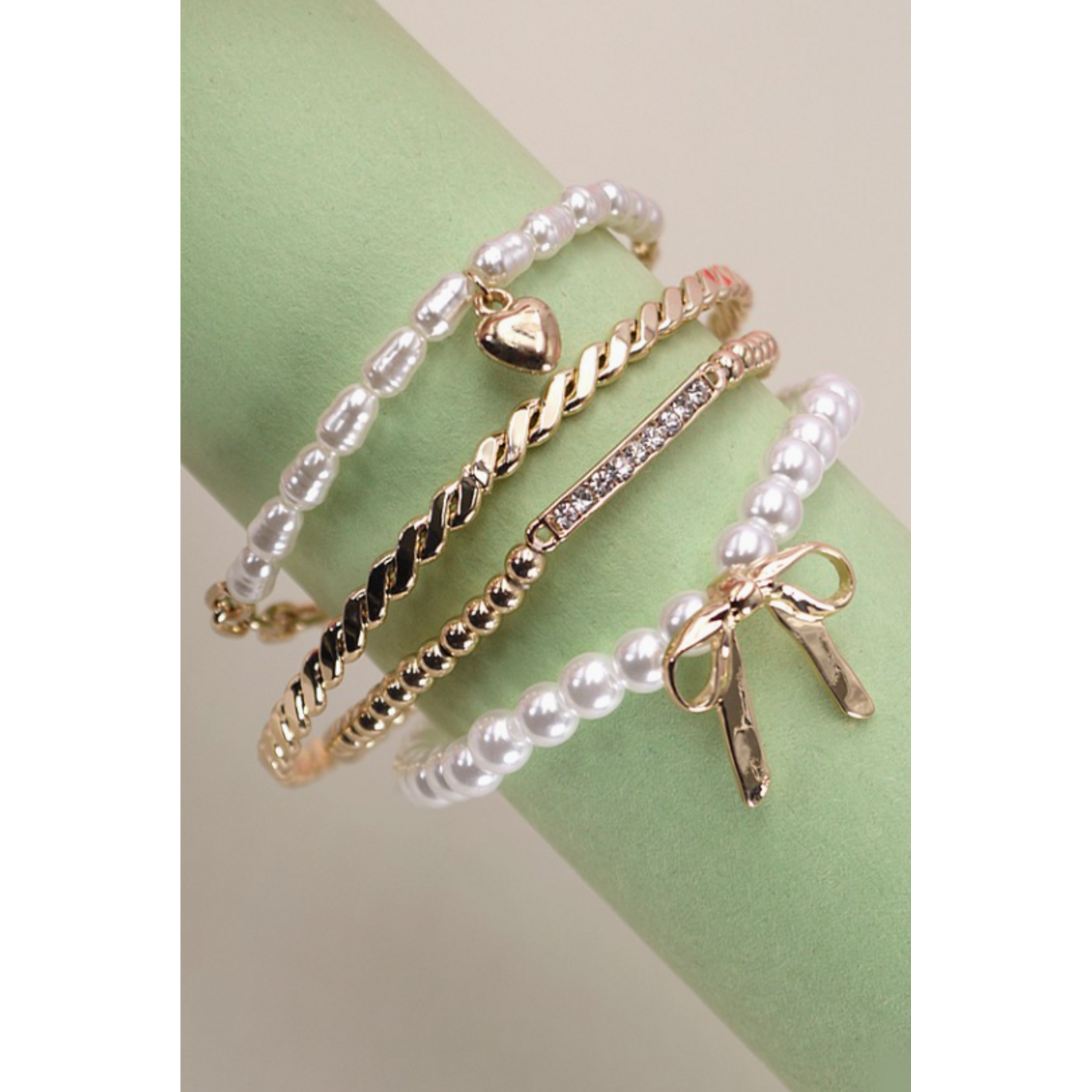Josslyn Josslyn Bow Pearl Rhinestone Bar Stretch Bangle Set
