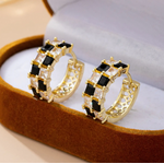 Josslyn Josslyn Checker Black & Crystal Baguette Hoop Earrings Gold