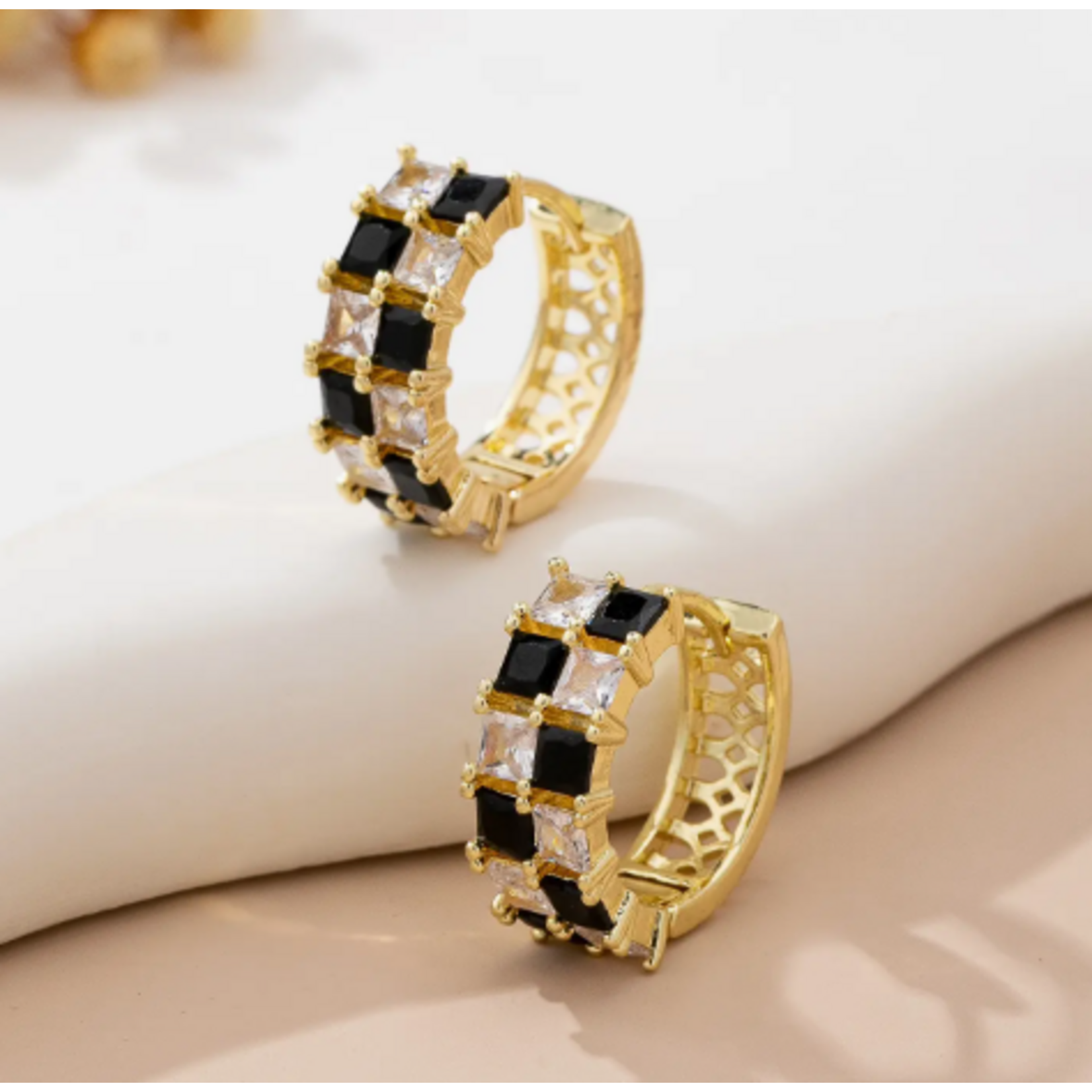 Josslyn Josslyn Checker Black & Crystal Baguette Hoop Earrings Gold