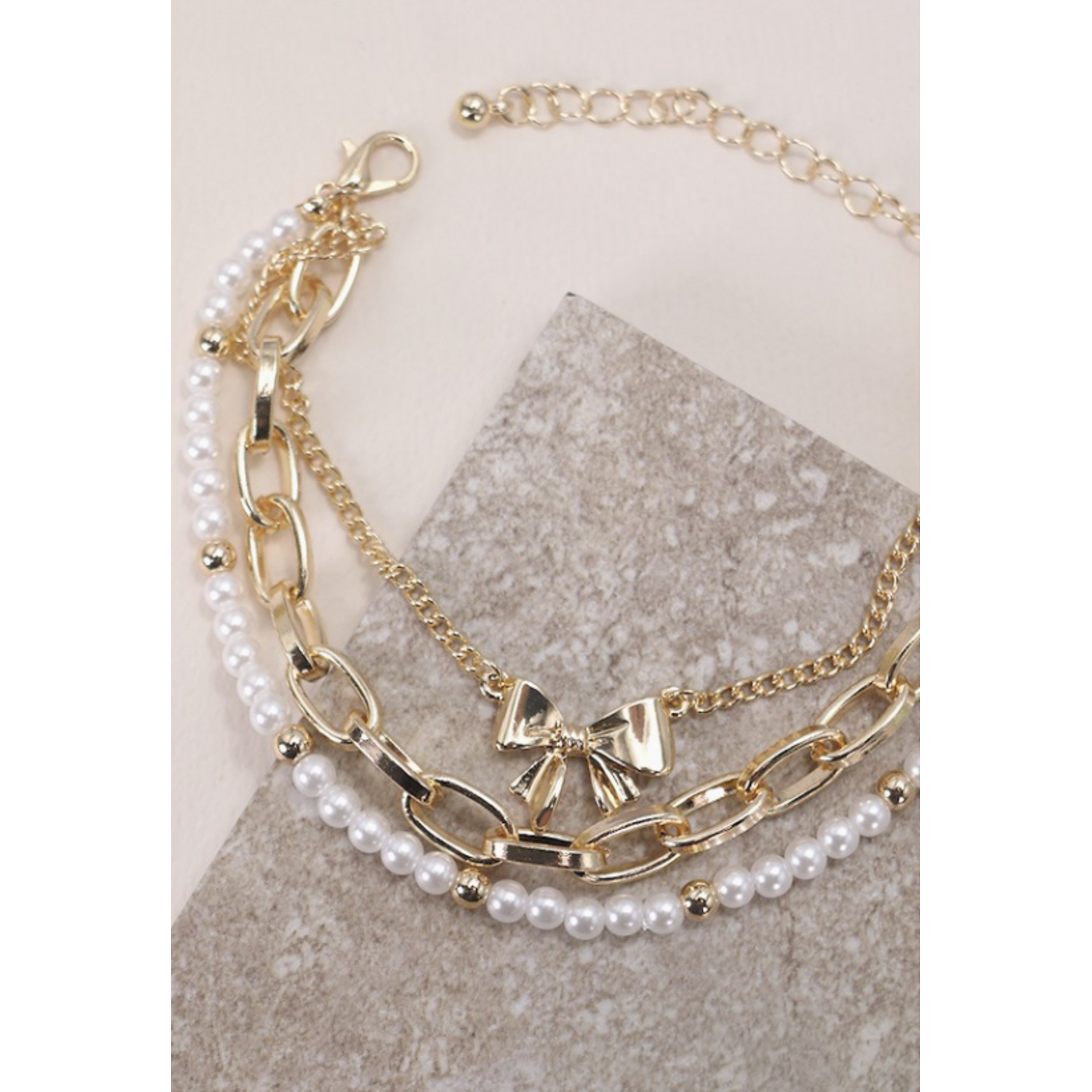 Josslyn Josslyn Bow Pearl Link Trio Set Bracelet Gold