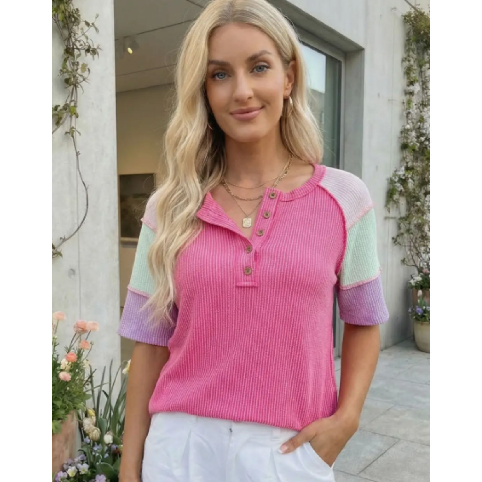 66 Disco Twisted Rib Color Block Henley Top Pink